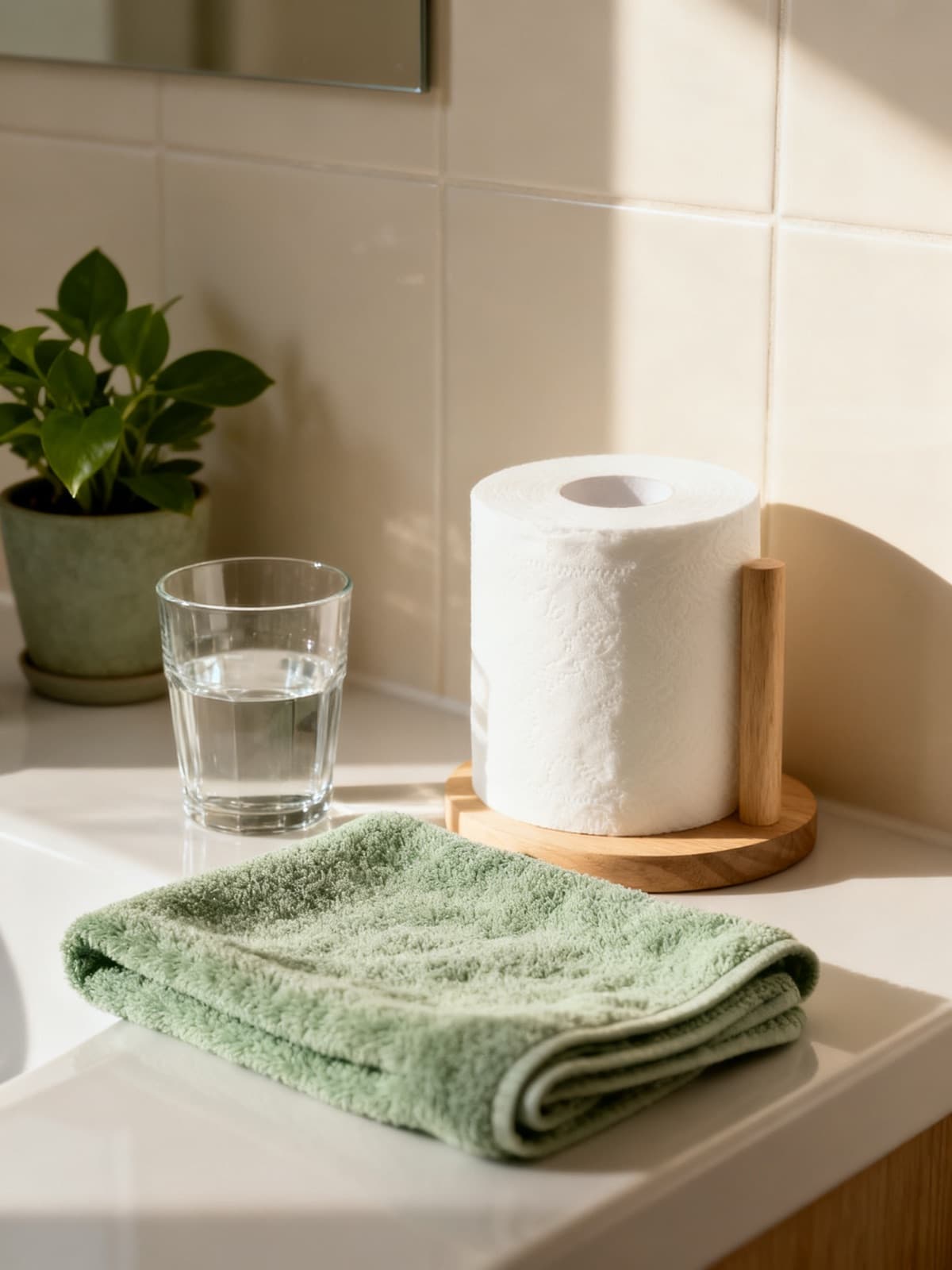 A bathroom counter in morning light with a folded sage-green hand towel, a roll of white toilet paper on a wooden stand, a glass of water and a potted green plant.
