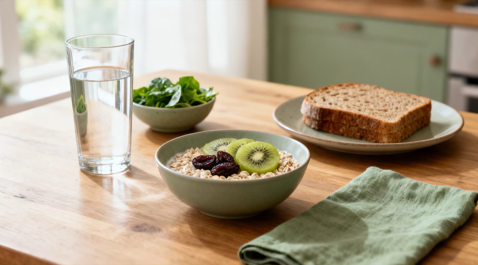 A wooden kitchen table with a bowl of oats topped with kiwi slices and prunes, a bowl of leafy greens, two slices of wholegrain bread and a tall glass of water.