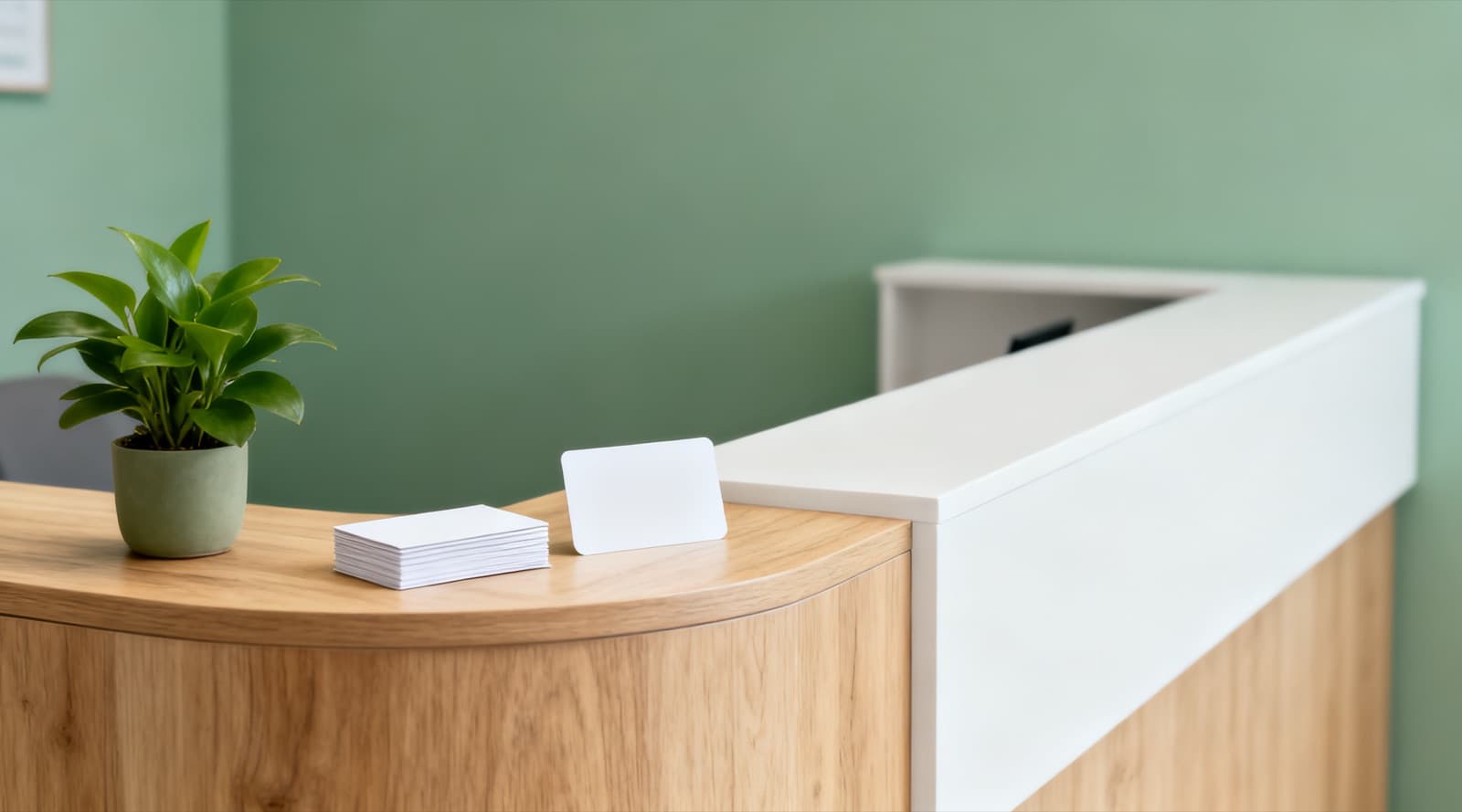 An empty clinic reception desk in light oak and white against a sage-green wall, with a small potted plant and a stack of blank cards on the counter.