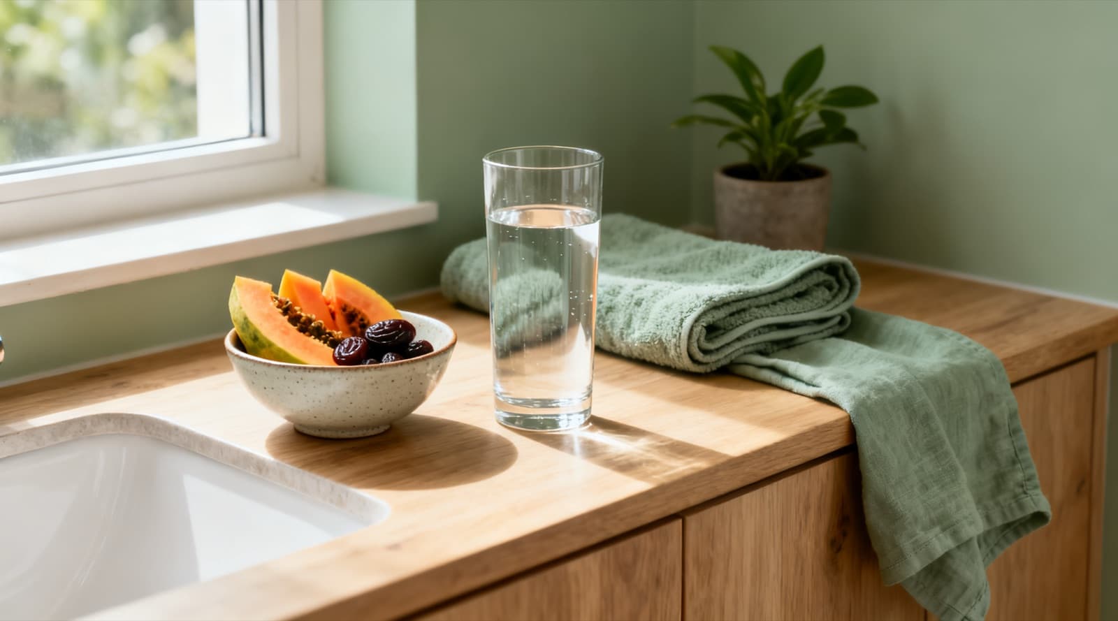 A wooden bathroom counter by a sunny window with a bowl of papaya and prunes, a tall glass of water and a folded sage-green towel, a potted plant behind.