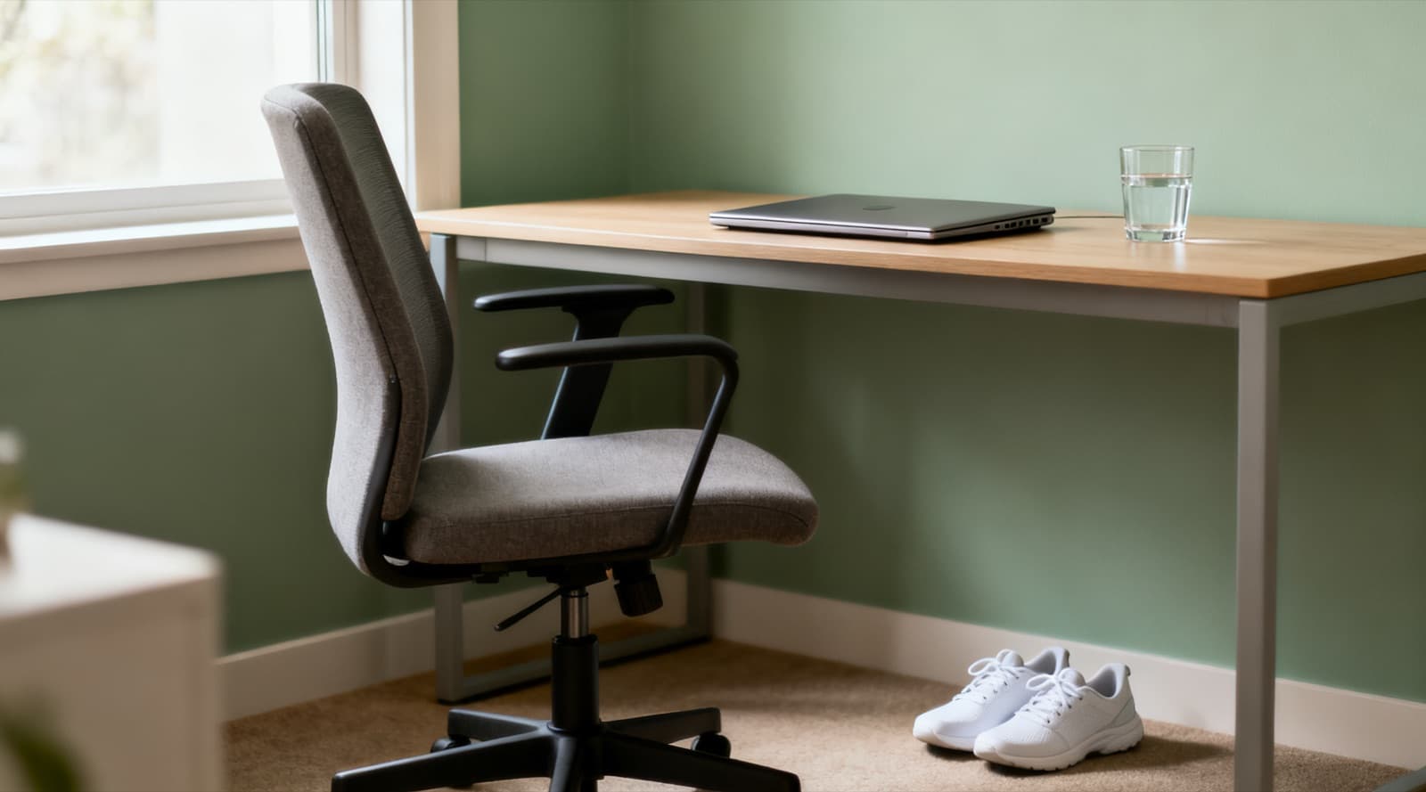 An empty grey office chair at a wooden desk with a closed laptop and a glass of water, a pair of white walking shoes on the floor beside the desk.