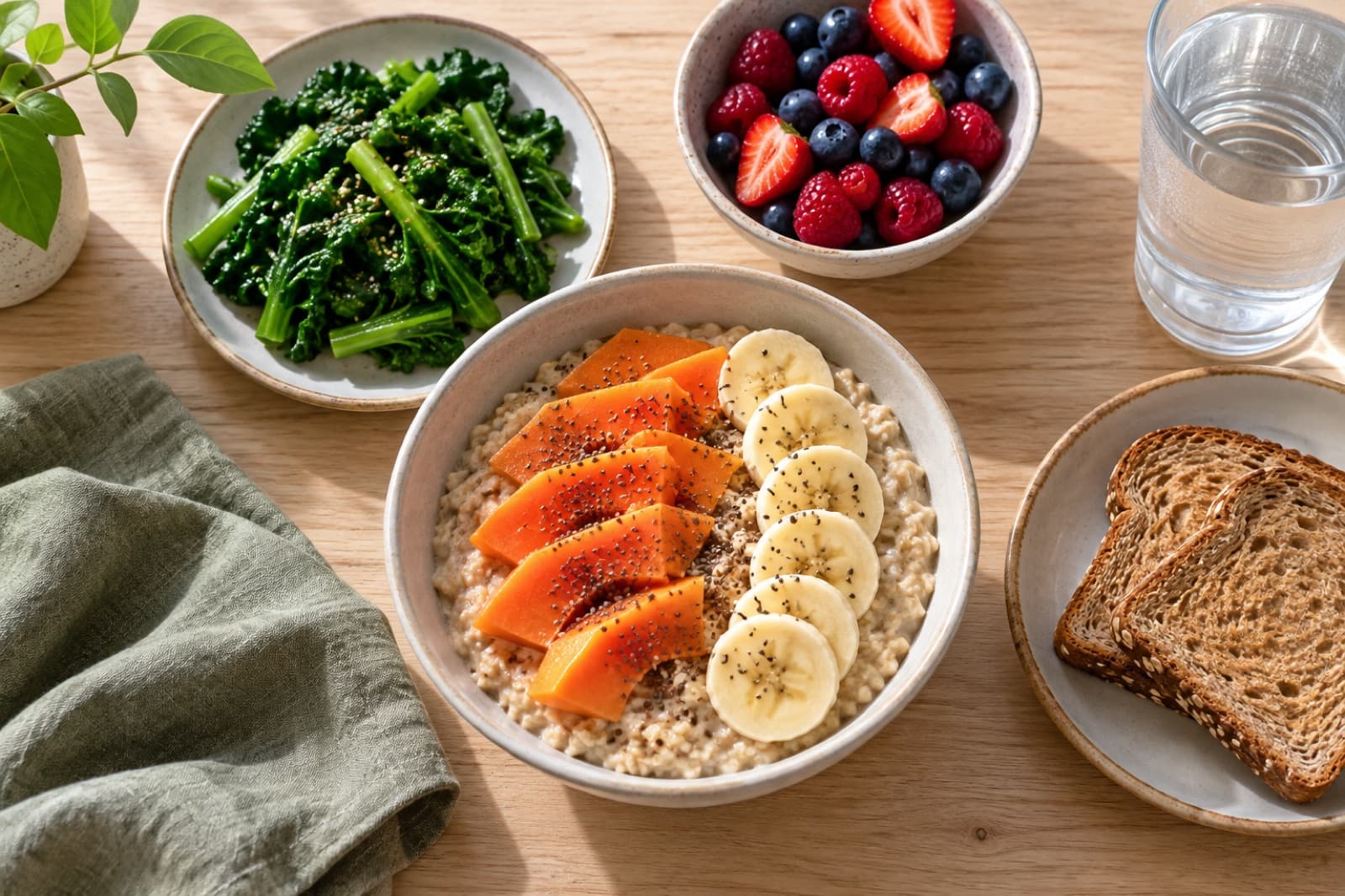 A breakfast table with a bowl of oats topped with papaya and banana slices, a plate of leafy greens, a bowl of berries, wholegrain toast and a glass of water.