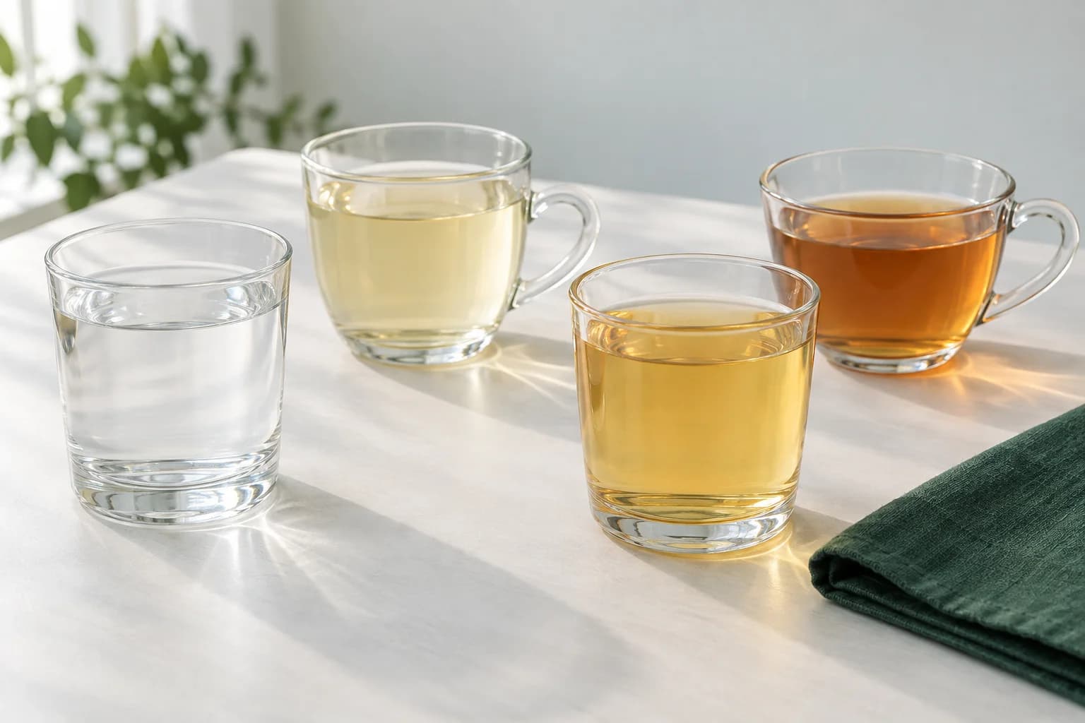 Glasses of water and clear apple juice beside strained broth and plain tea without milk
