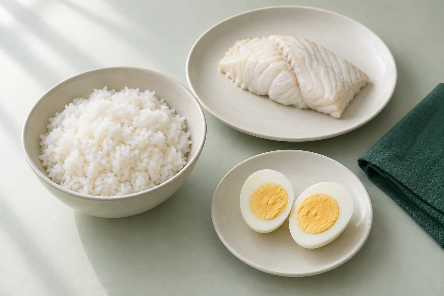 White rice, plain steamed fish and a peeled boiled egg on ceramic plates