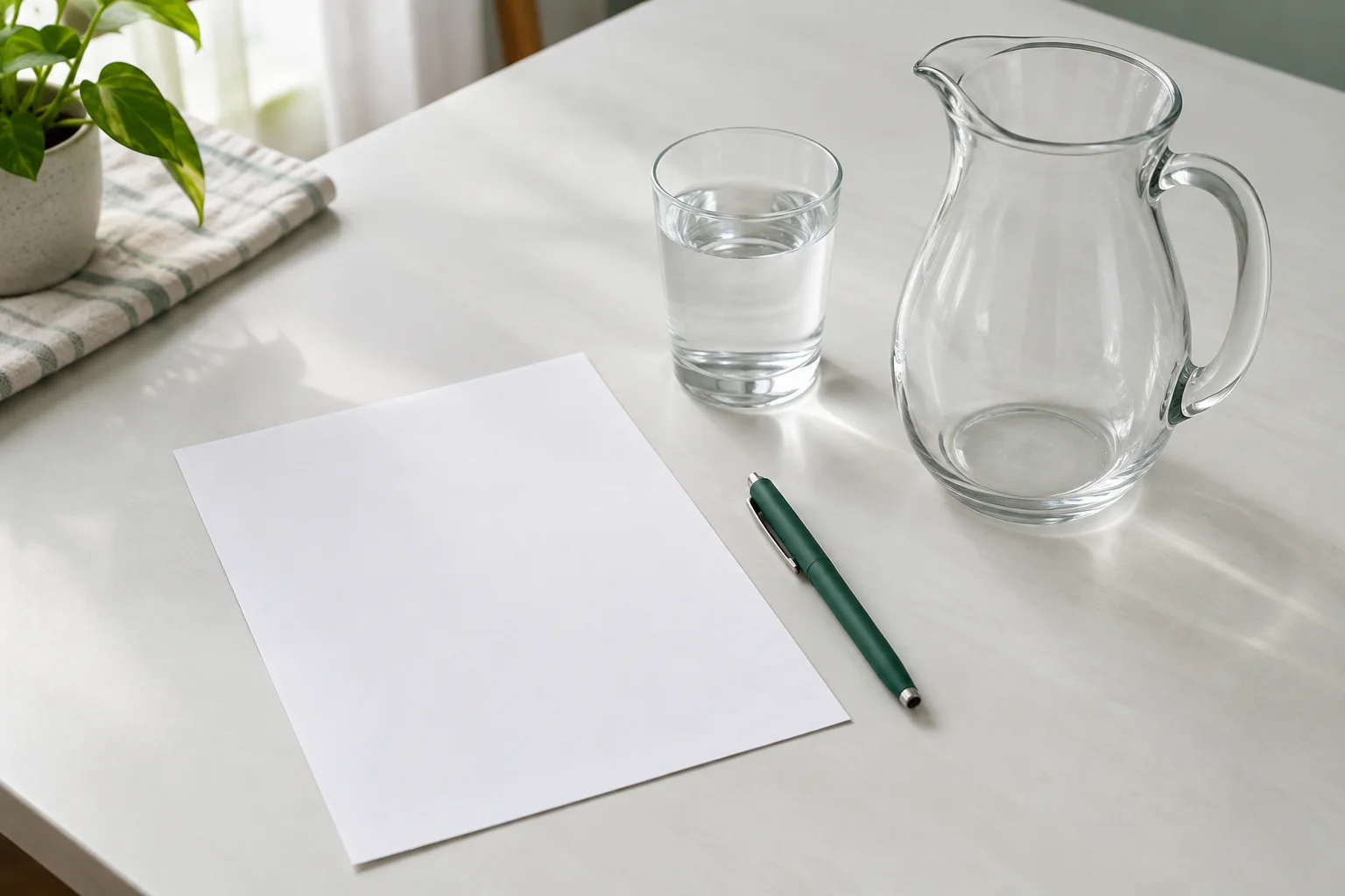 Blank paper and a pen beside an empty glass jug and a glass of water