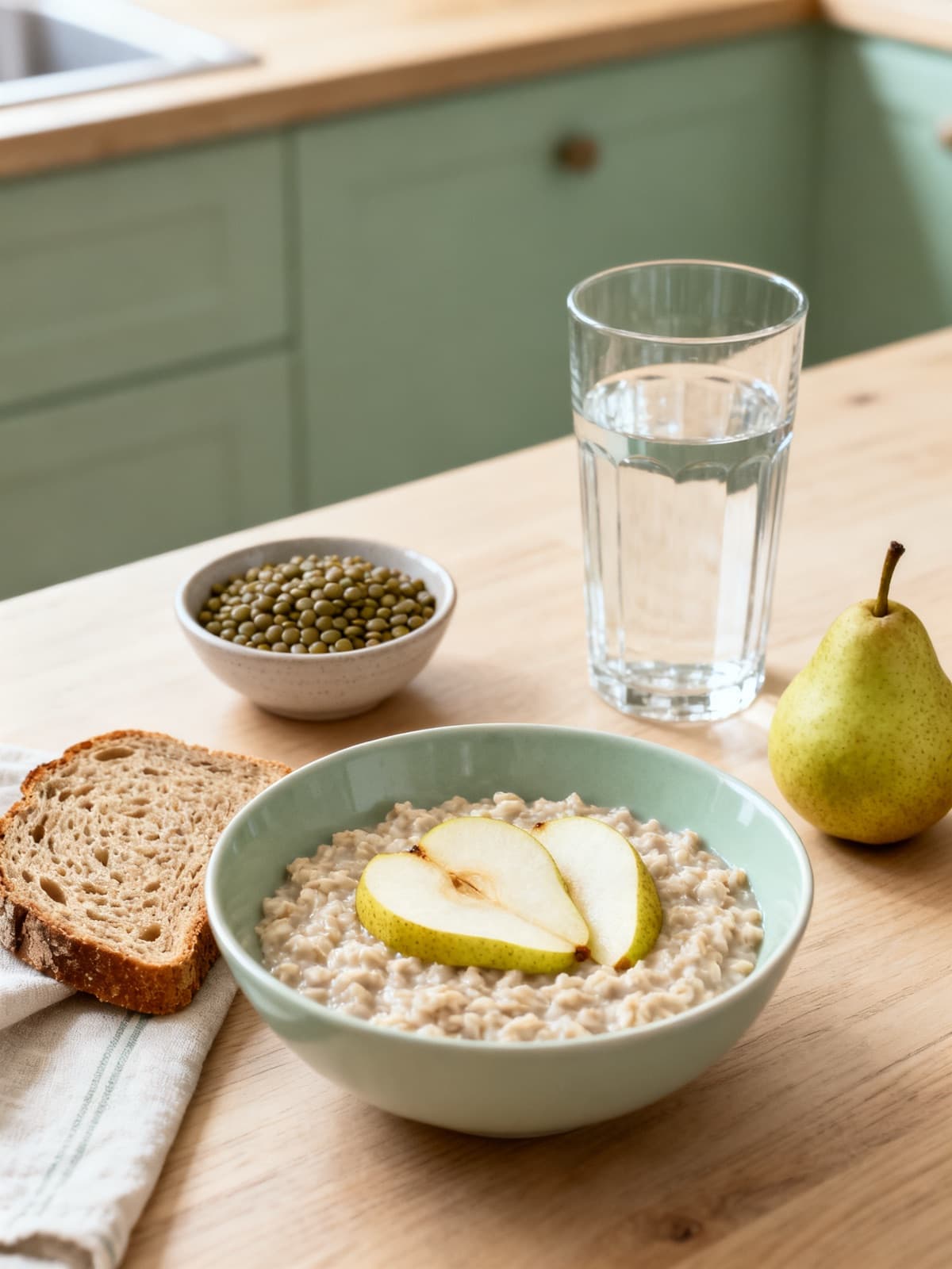 A bowl of porridge oats topped with sliced pear, a slice of wholegrain bread, a small bowl of green lentils, a whole pear and a glass of water on a wooden kitchen table.
