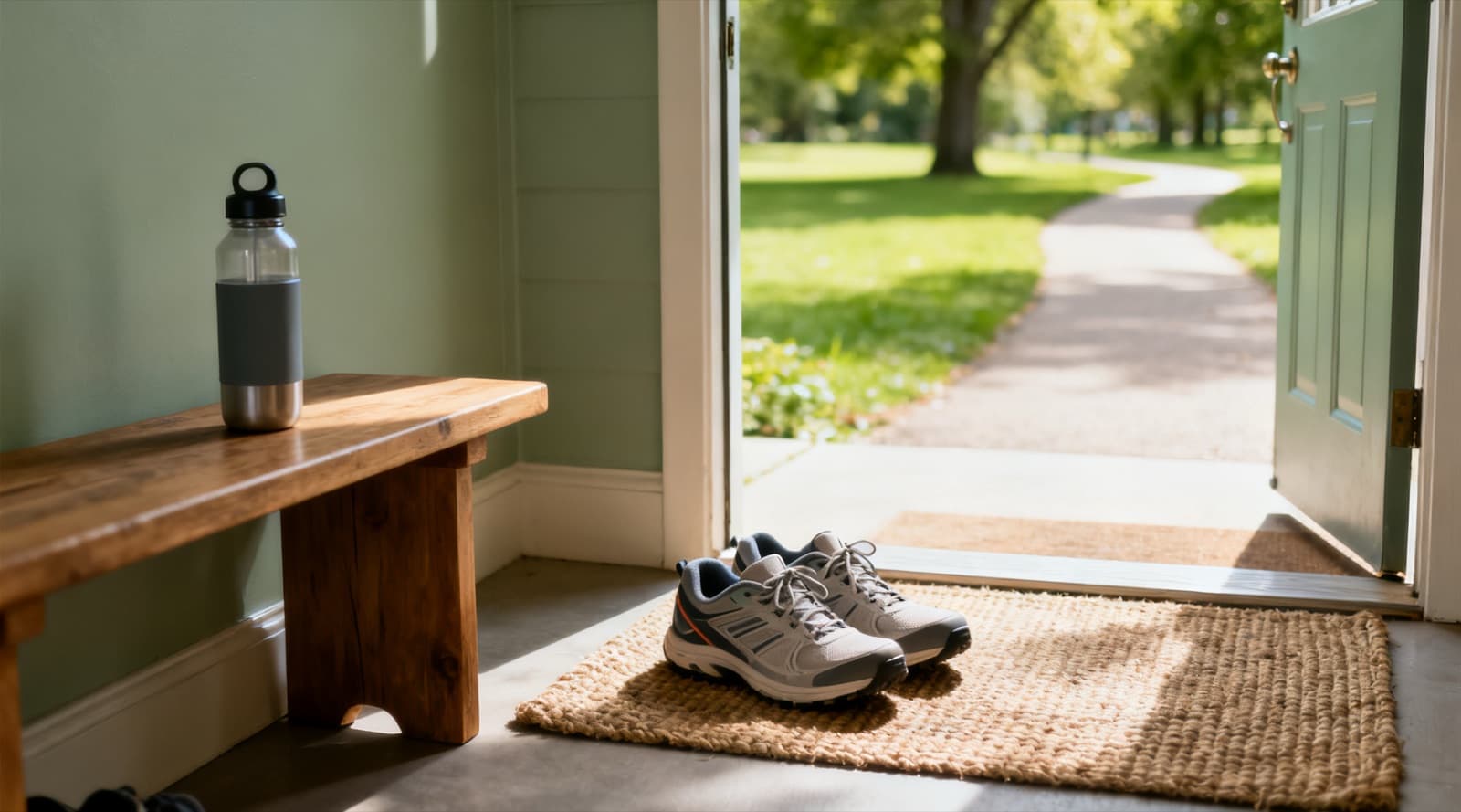 A pair of walking shoes on a woven doormat and a water bottle on a wooden bench, by an open front door looking out onto a sunlit park path.
