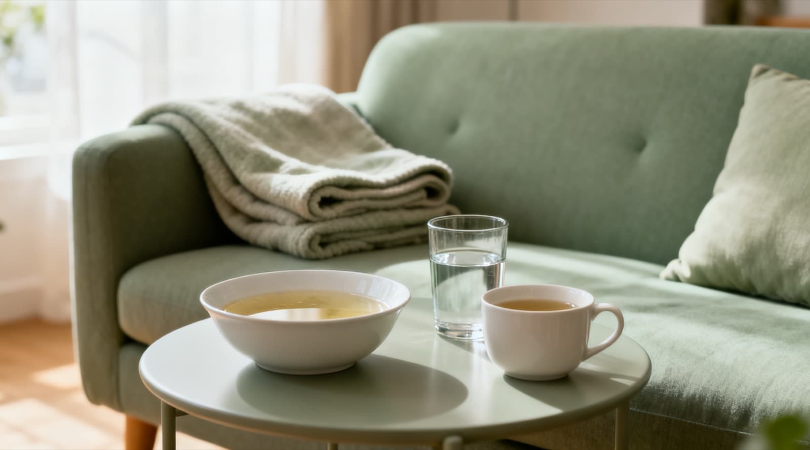 A sage-green sofa with a folded blanket and a cushion, and a small side table holding a bowl of clear broth, a glass of water and a cup of tea.