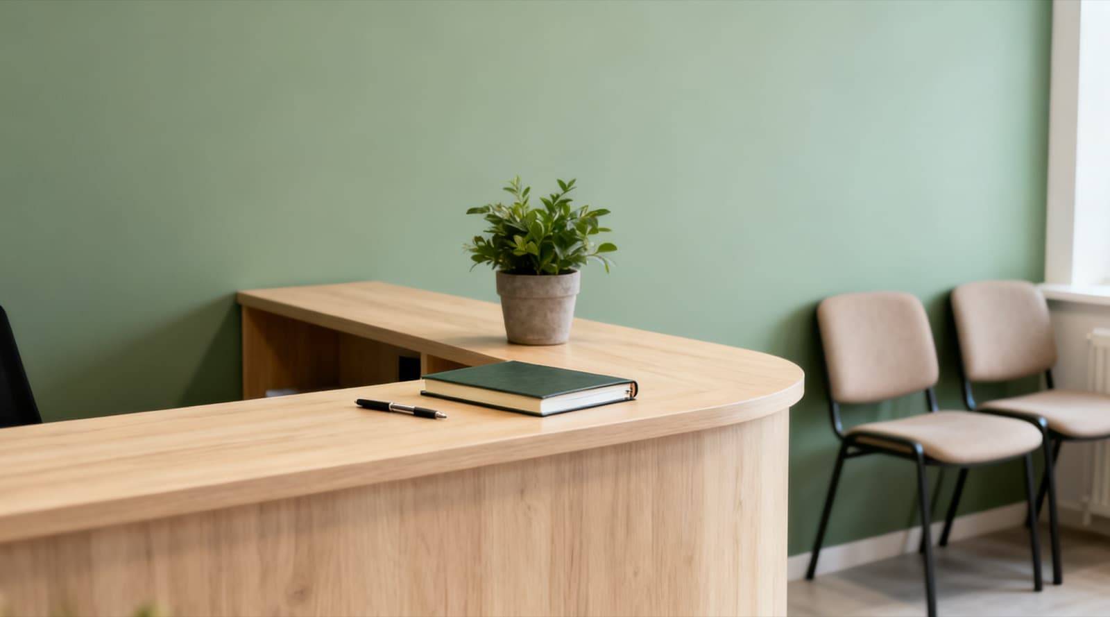 An empty clinic reception counter in pale wood with a potted plant, a closed book and a pen, two empty chairs against a sage green wall.