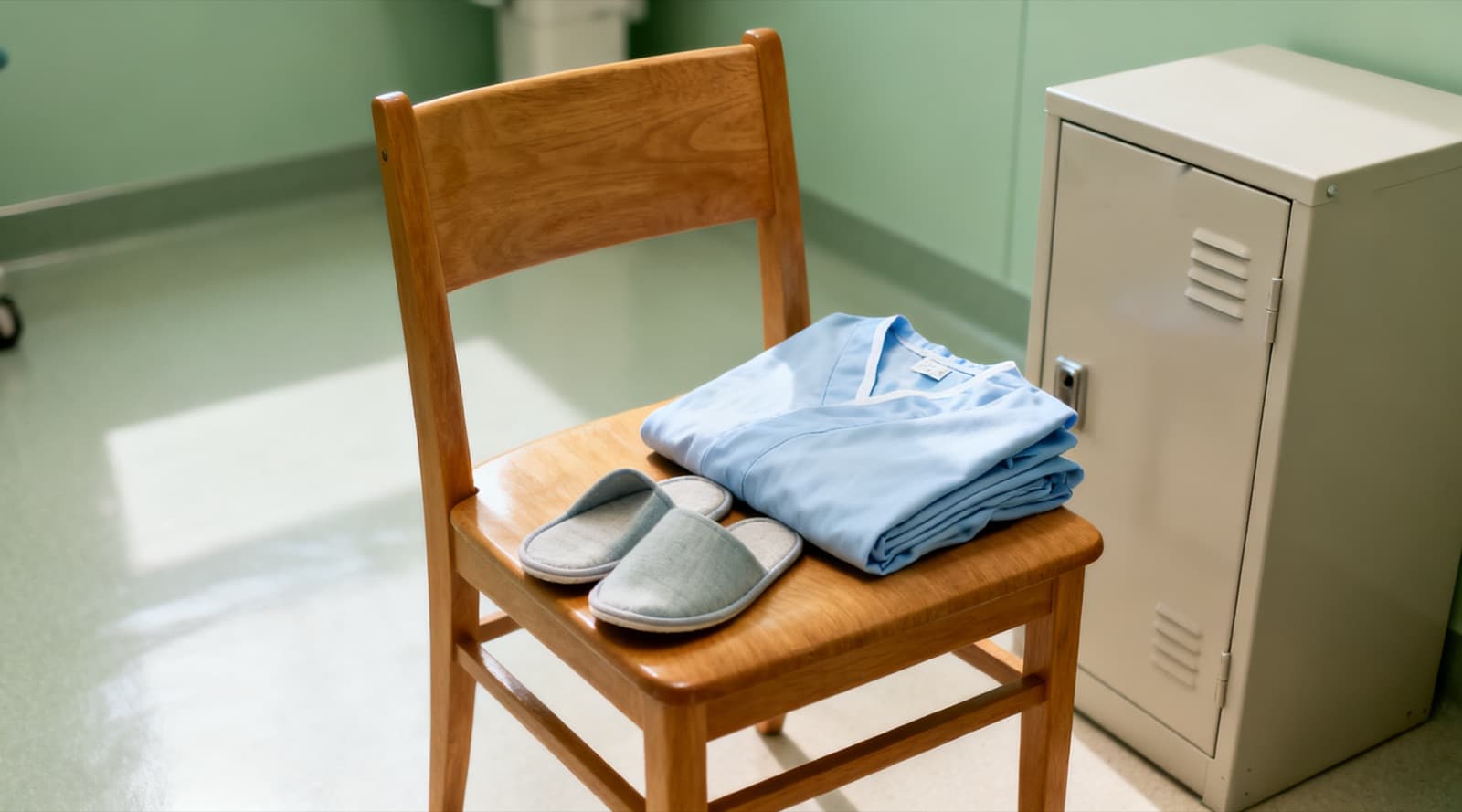 A folded pale blue hospital gown and a pair of grey slippers on a wooden chair in a bright changing area, a cream locker beside it.