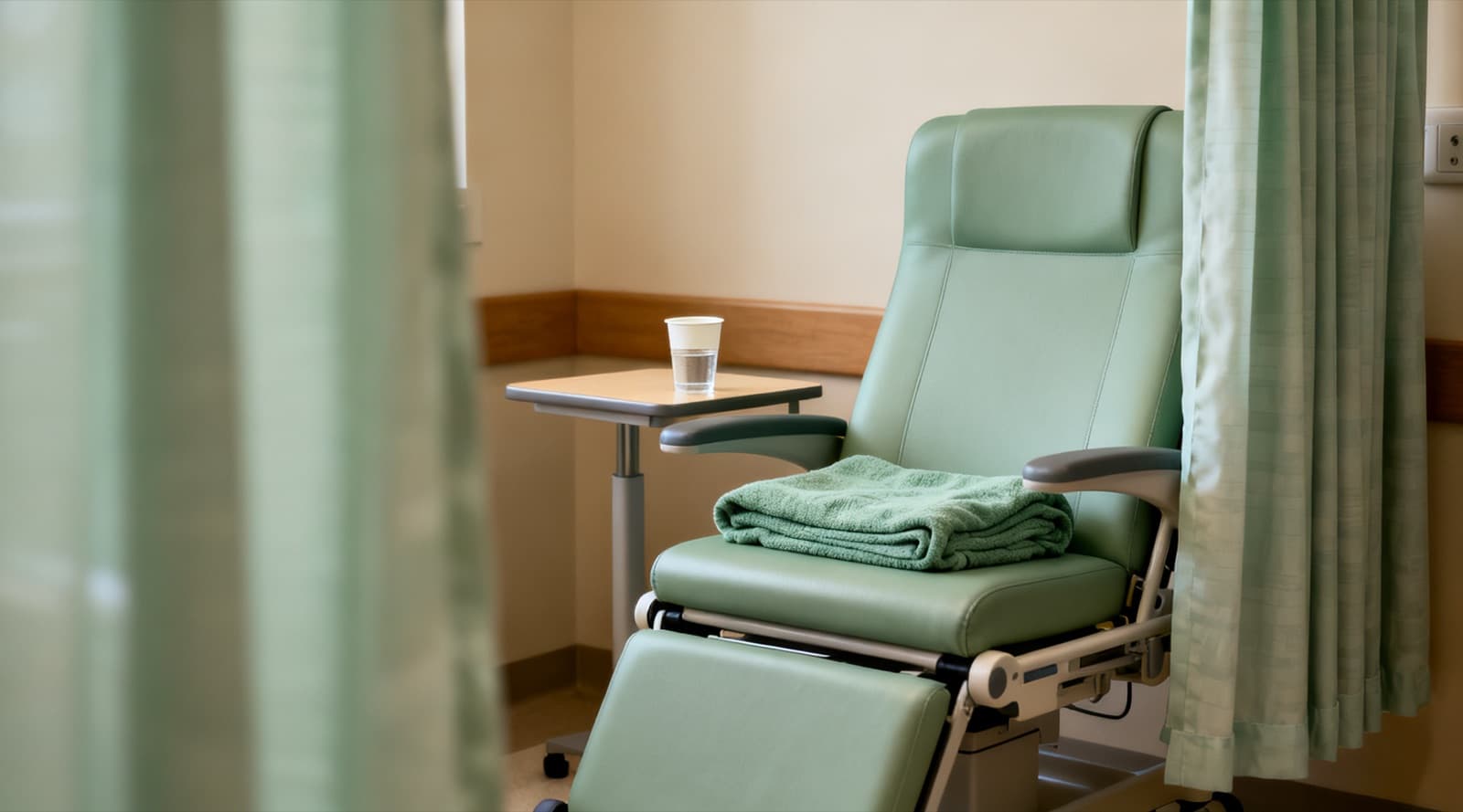 An empty sage green recovery chair with a folded towel on the seat, a paper cup of water on a side table, between drawn privacy curtains.