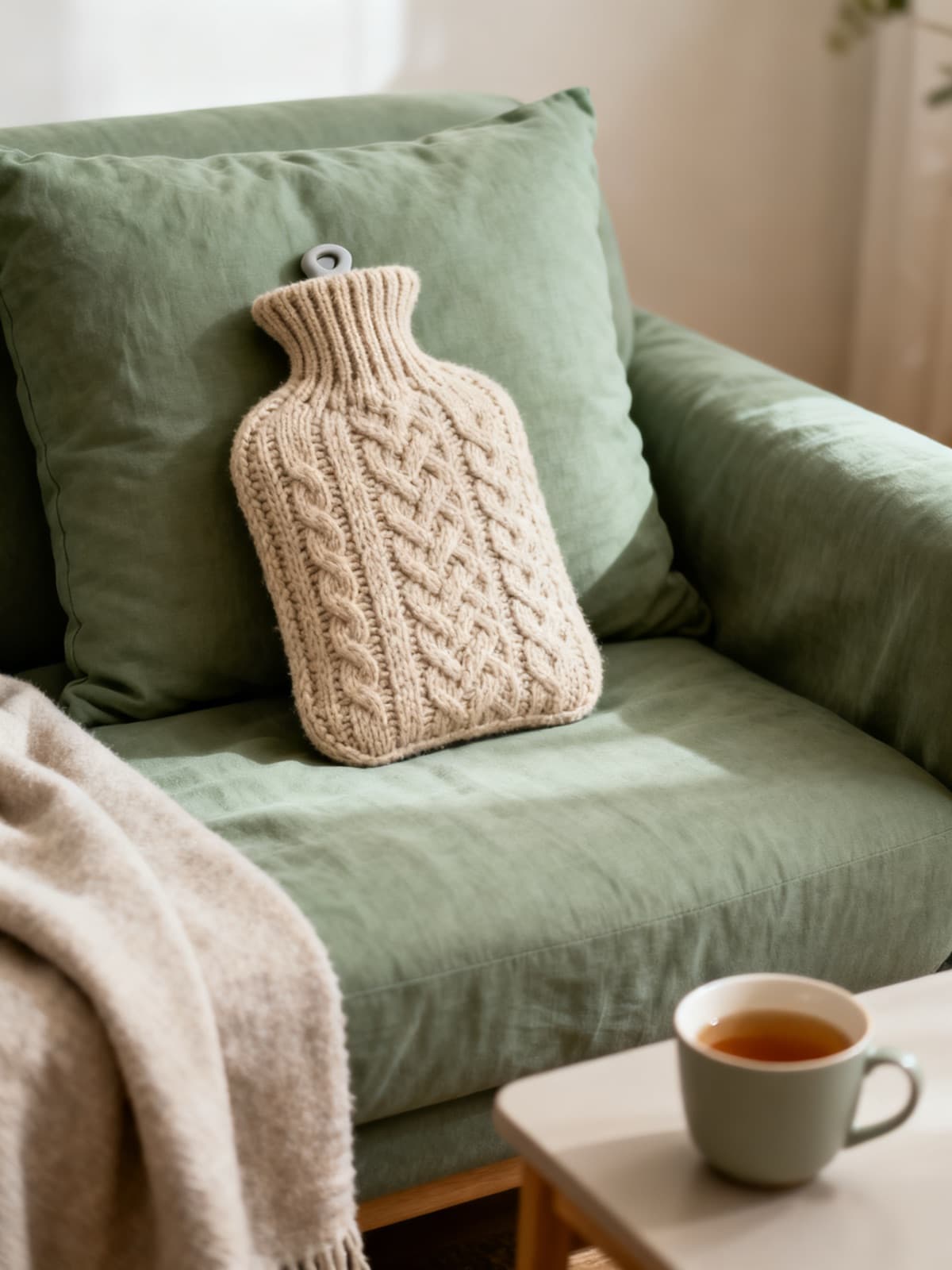 A hot water bottle in a cream cable-knit cover resting on a sage green sofa, a blanket over the arm and a cup of tea on a side table.