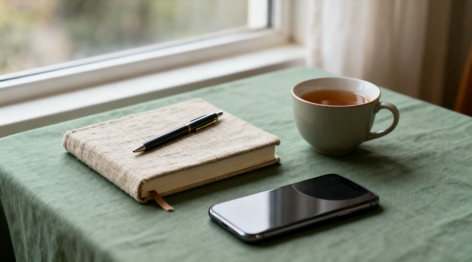 A closed linen-covered notebook with a pen on top, a cup of tea and a smartphone lying on a sage green tablecloth by a window.