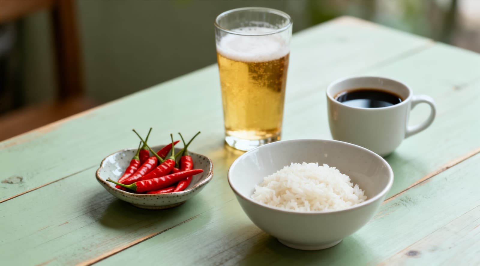 A small dish of fresh red chillies, a glass of beer, a cup of black coffee and a bowl of plain white rice on a pale green wooden table.