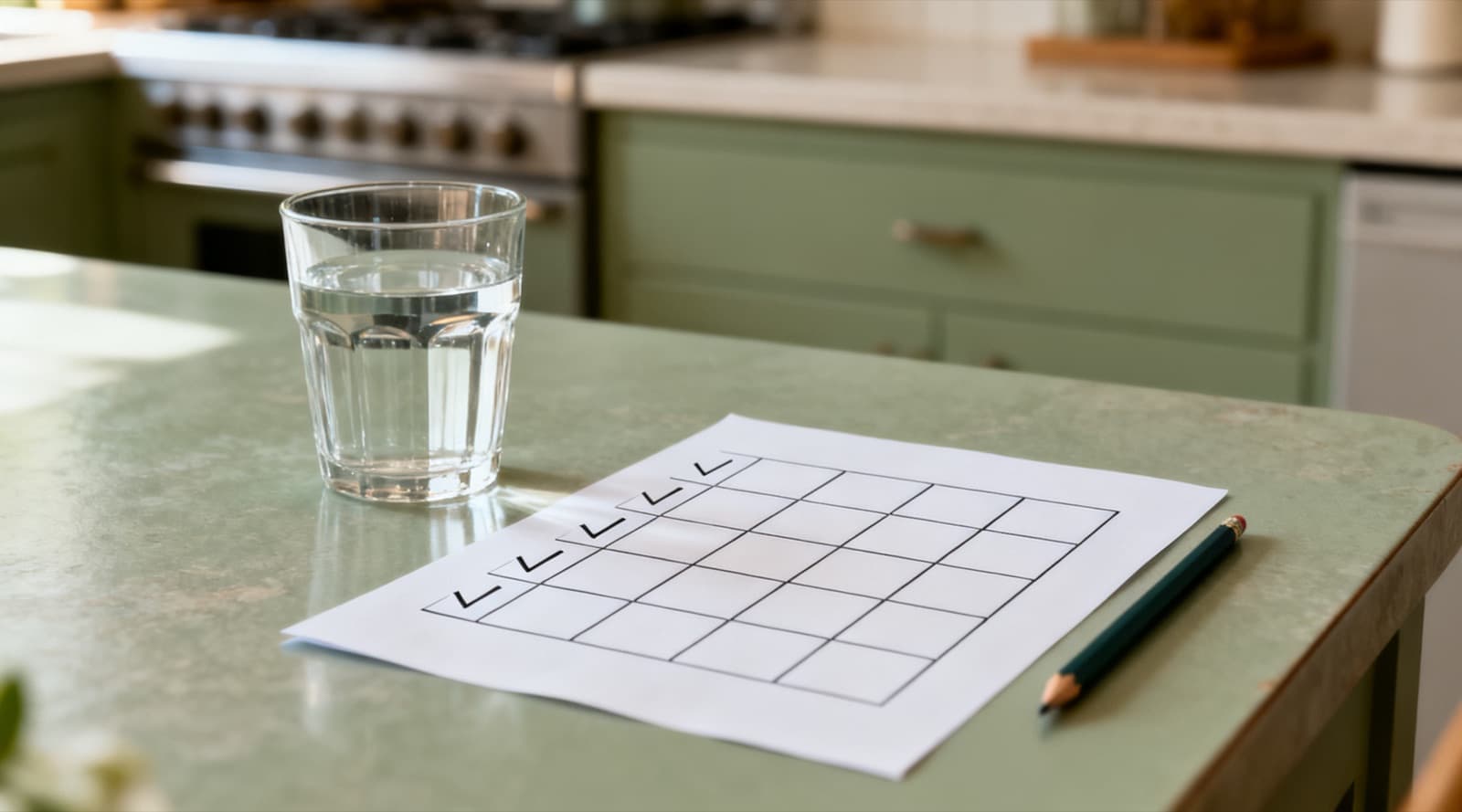 A glass of water and a pencil on a kitchen counter beside a paper grid chart, the first few squares ticked off.