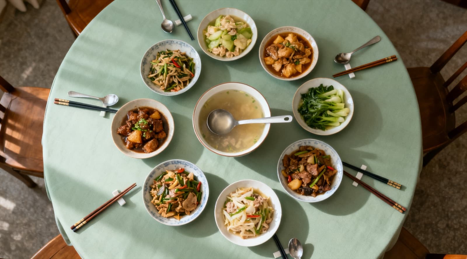 A round table seen from above, set with shared dishes of home-cooked food, a soup bowl with one ladle in the centre, and chopsticks and spoons at each place.