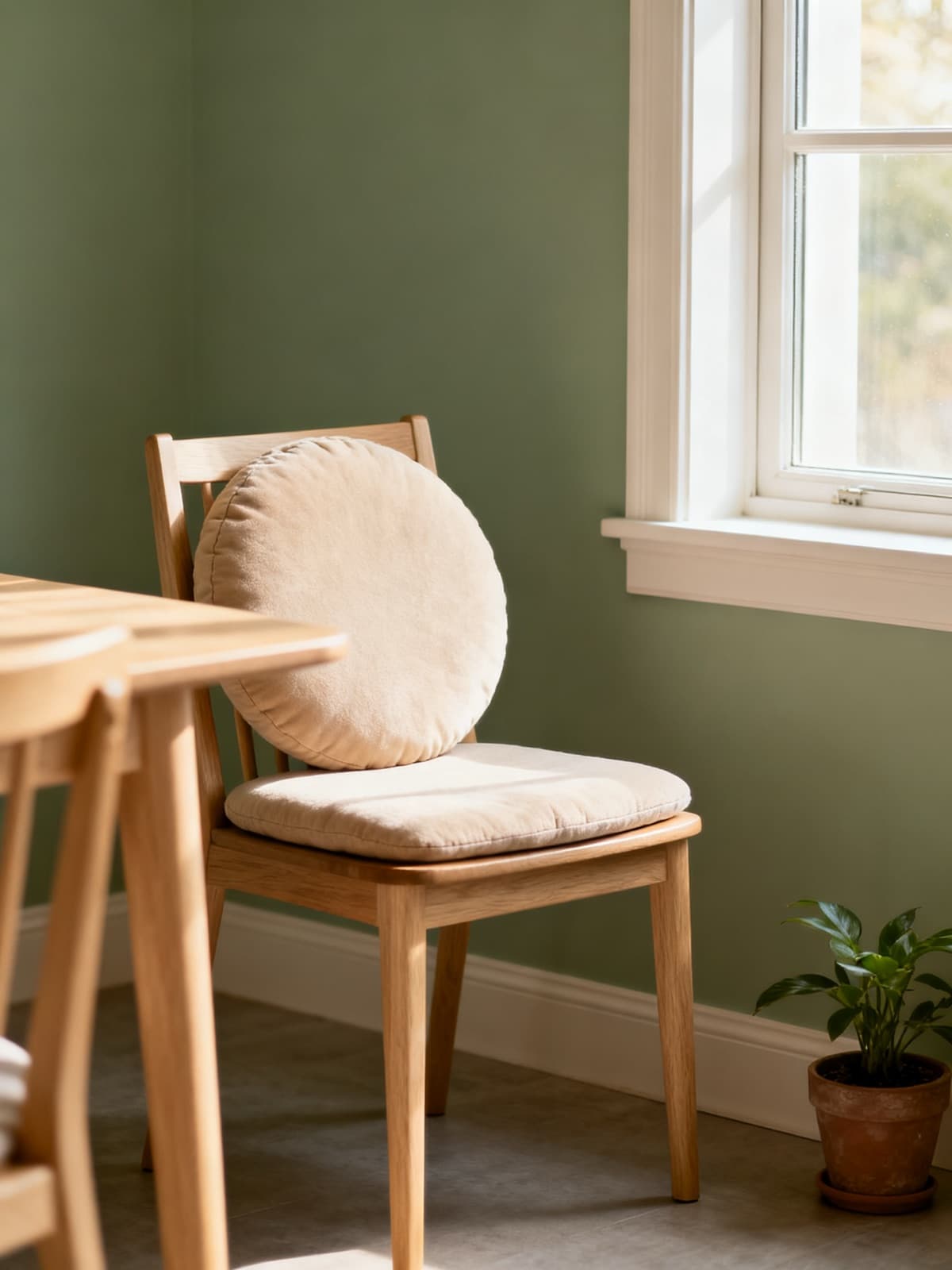 A round beige seat cushion on a light wooden dining chair beside a window, a sage-green wall and a small potted plant on the floor.