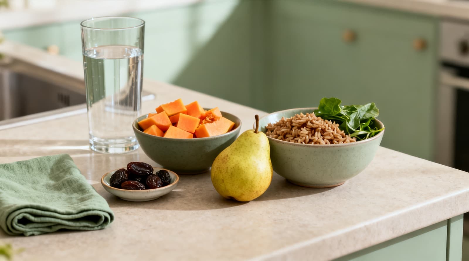 A kitchen counter with a bowl of papaya cubes, a pear, a bowl of brown rice with leafy greens, a small dish of prunes and a tall glass of water.
