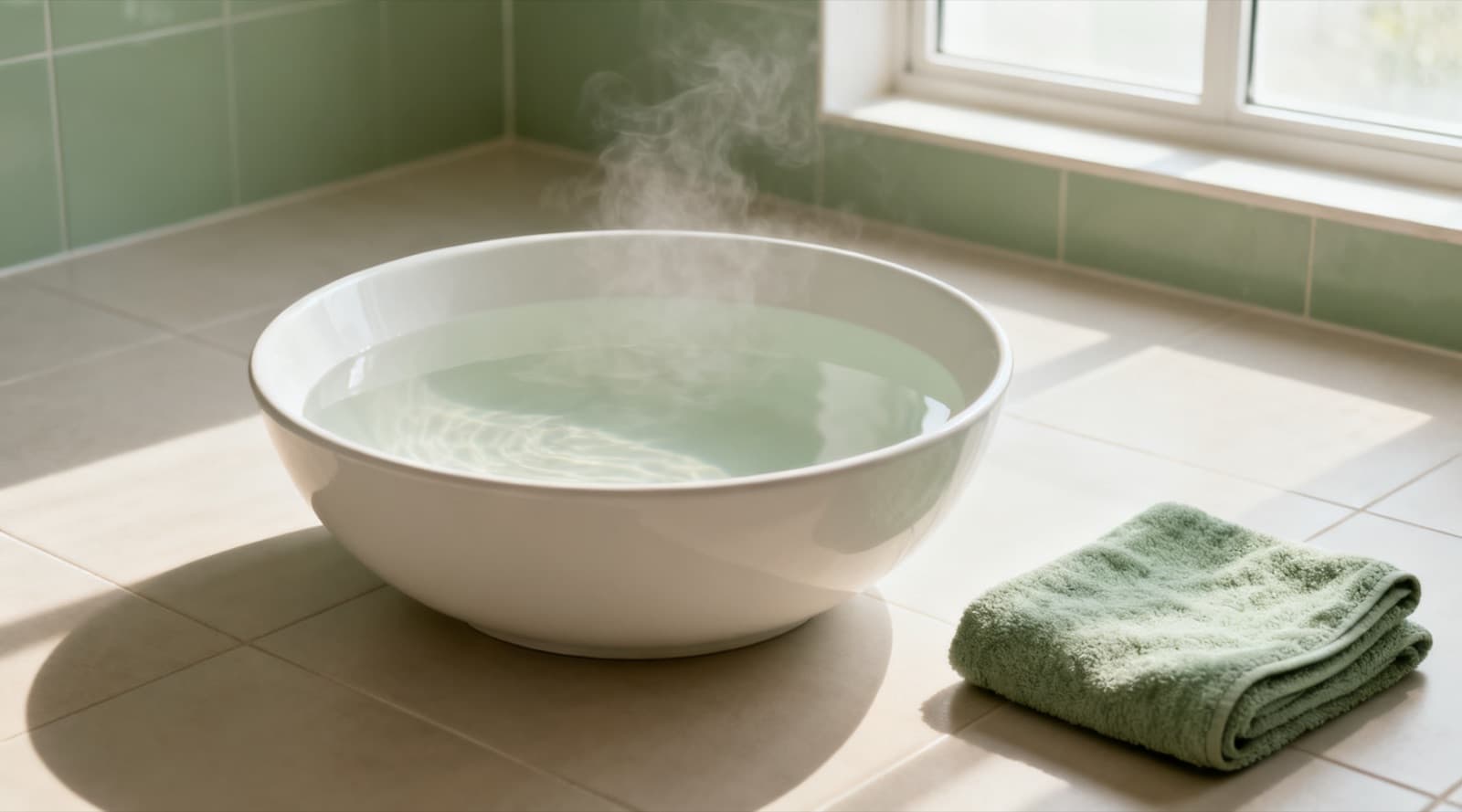 A shallow white basin of warm water with faint steam rising, on a pale-tiled bathroom floor beside a folded sage-green towel.