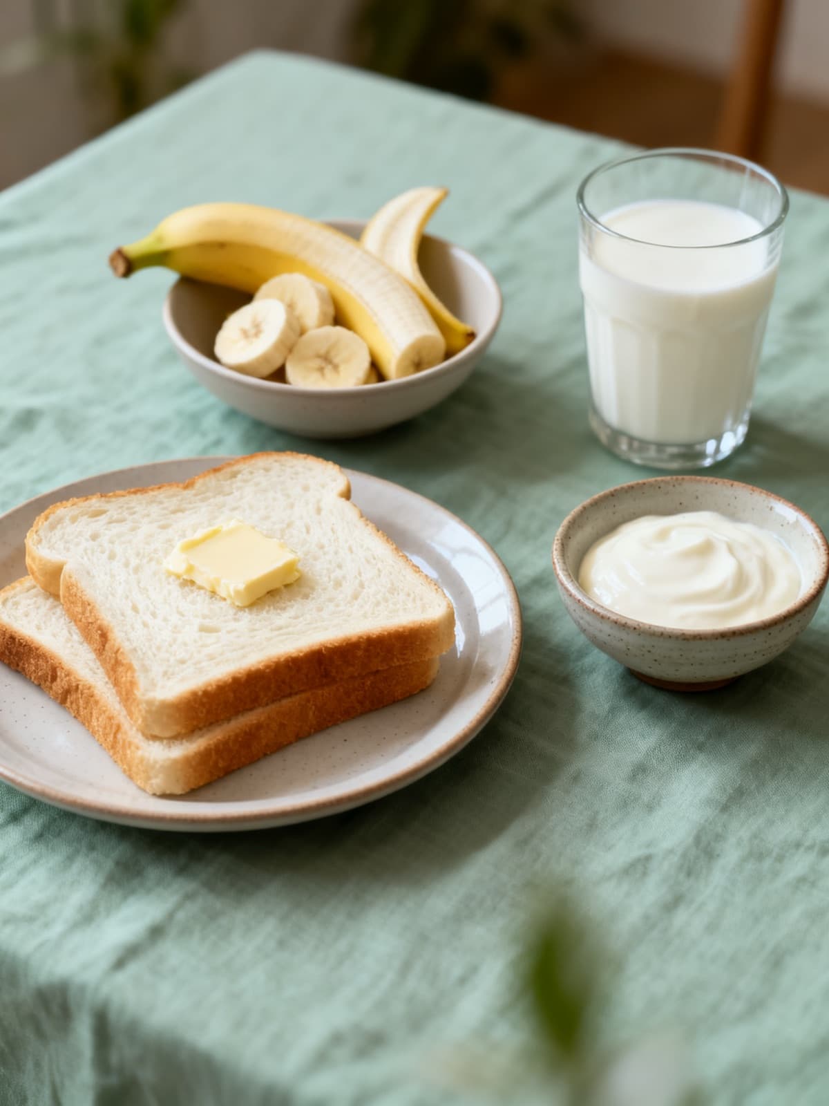 Two slices of buttered white toast, a bowl of sliced banana, a small bowl of plain yoghurt and a glass of milk on a sage-green tablecloth.