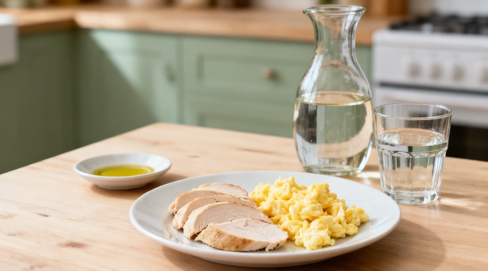 Sliced poached chicken and scrambled eggs on a white plate, beside a small dish of olive oil, a glass carafe of water and a glass of water on a wooden kitchen table.