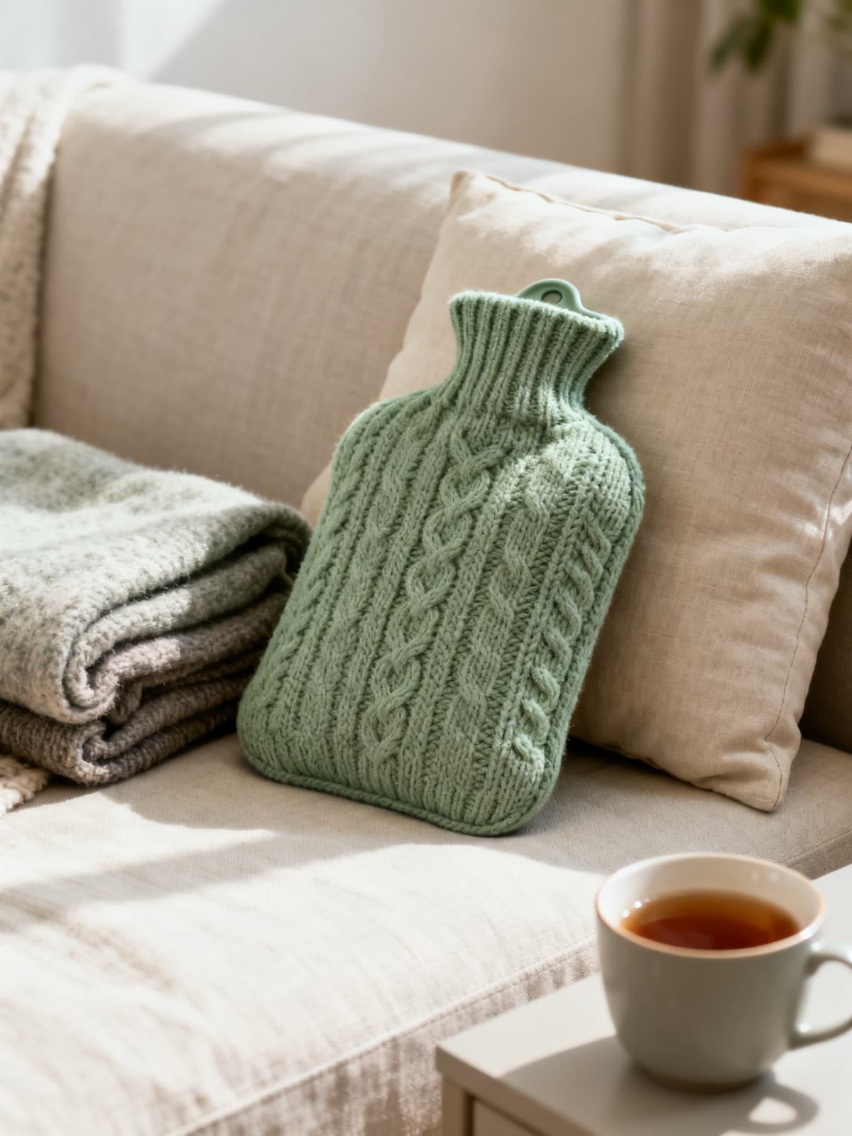 A hot water bottle in a sage-green knitted cover resting against a cushion on a linen sofa, beside a folded wool blanket and a cup of tea.