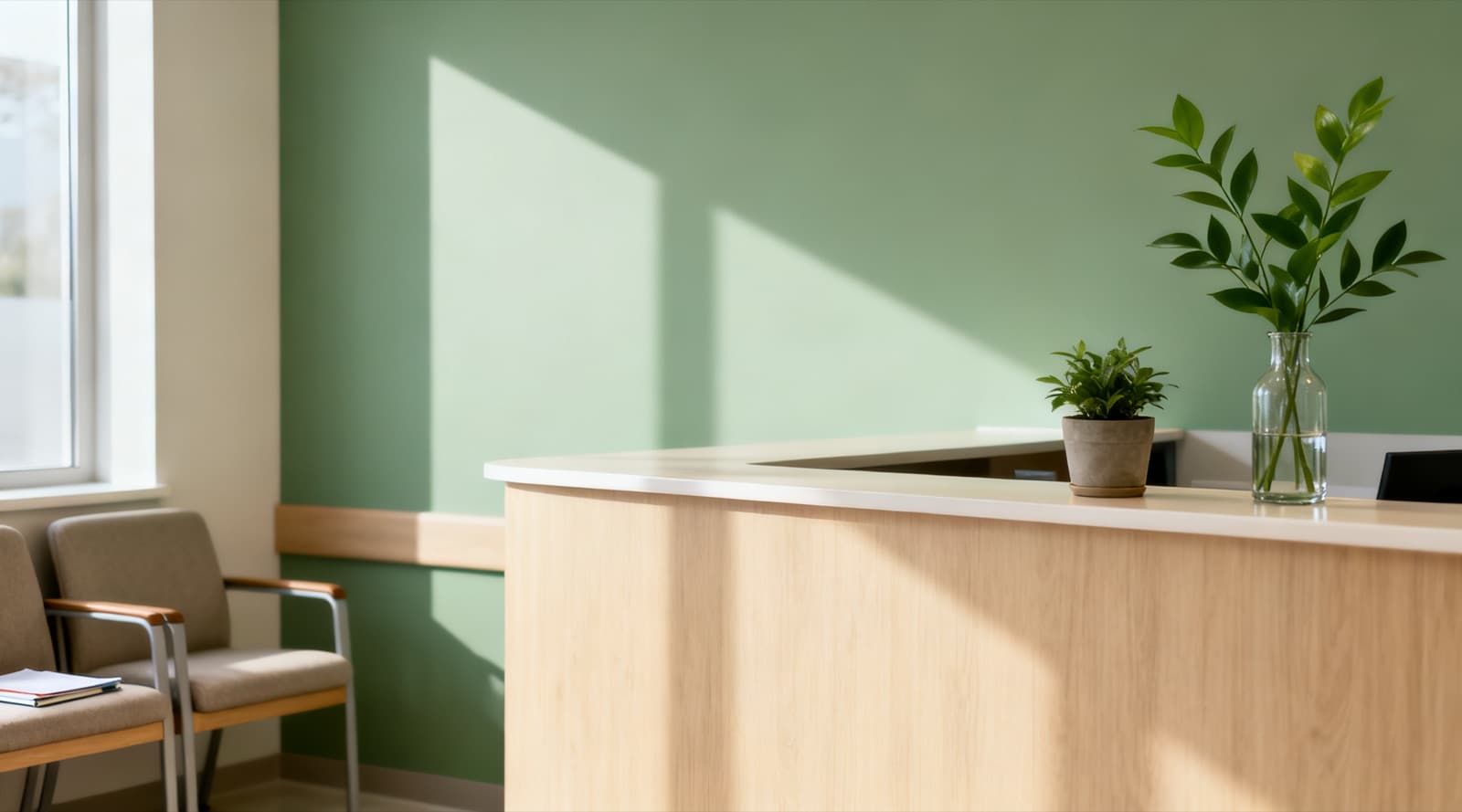 An empty clinic reception area with a light wood counter holding a small potted plant and a vase of green leaves, and waiting chairs by a window.