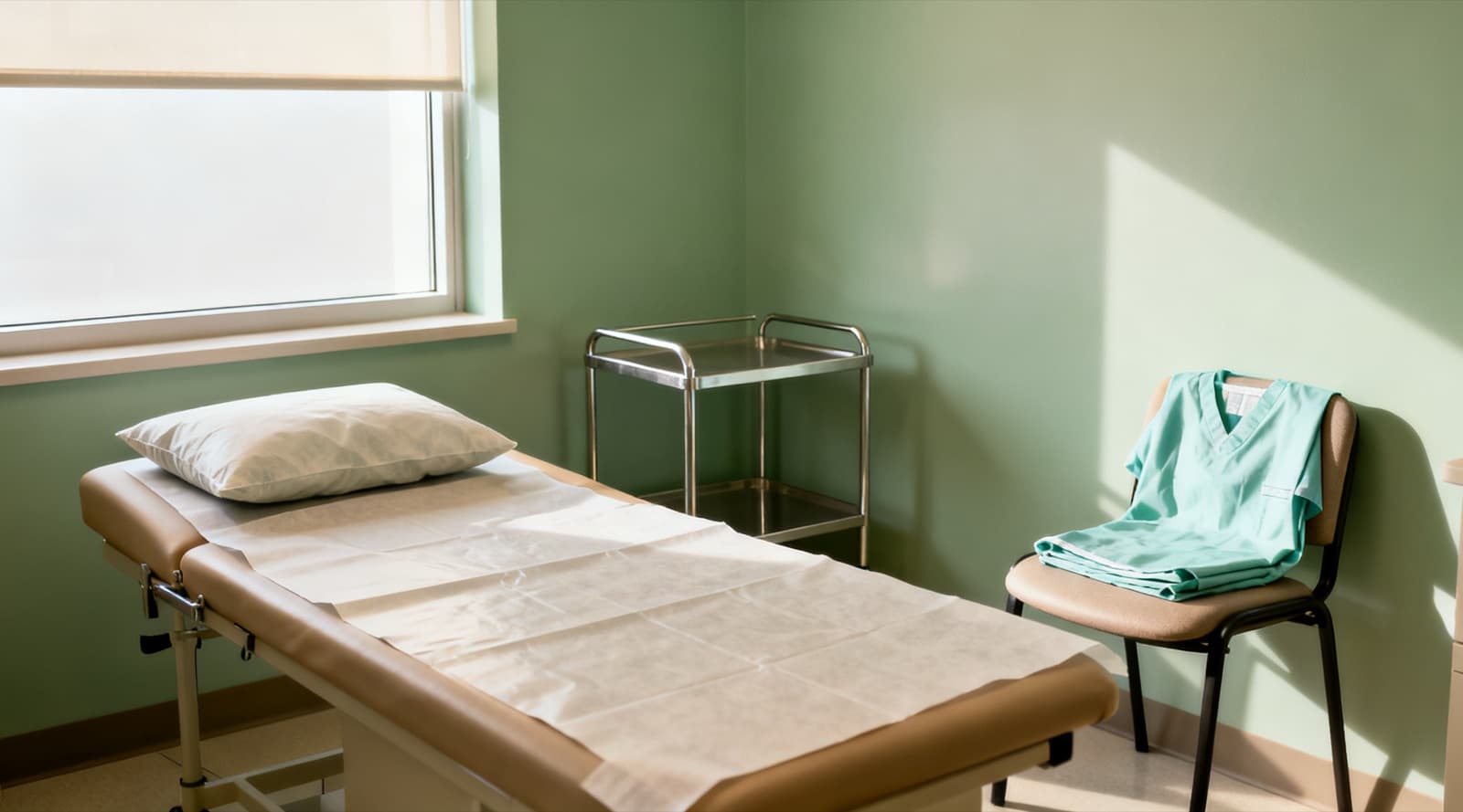 An empty clinic examination room with a padded couch covered by a paper sheet and a pillow, a steel trolley, and folded scrubs on a chair against a sage-green wall.
