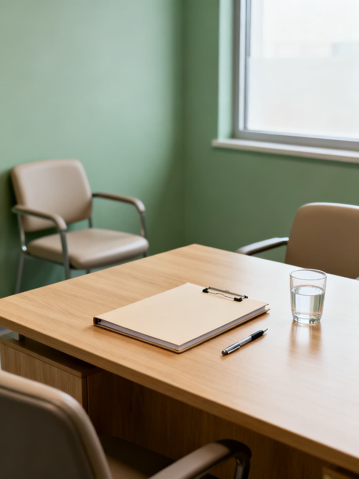 An empty consultation room with a light oak desk, a closed folder, a pen and a glass of water, chairs on either side and a sage-green wall by a window.