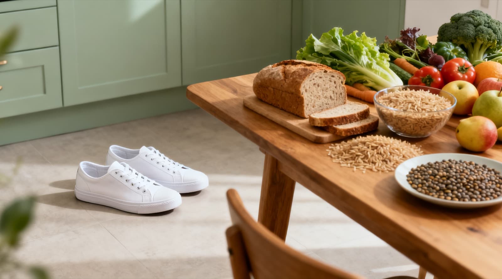 A wooden kitchen table with fresh vegetables, fruit, wholegrain bread, grains and lentils, a pair of plain white sneakers on the floor beside it.