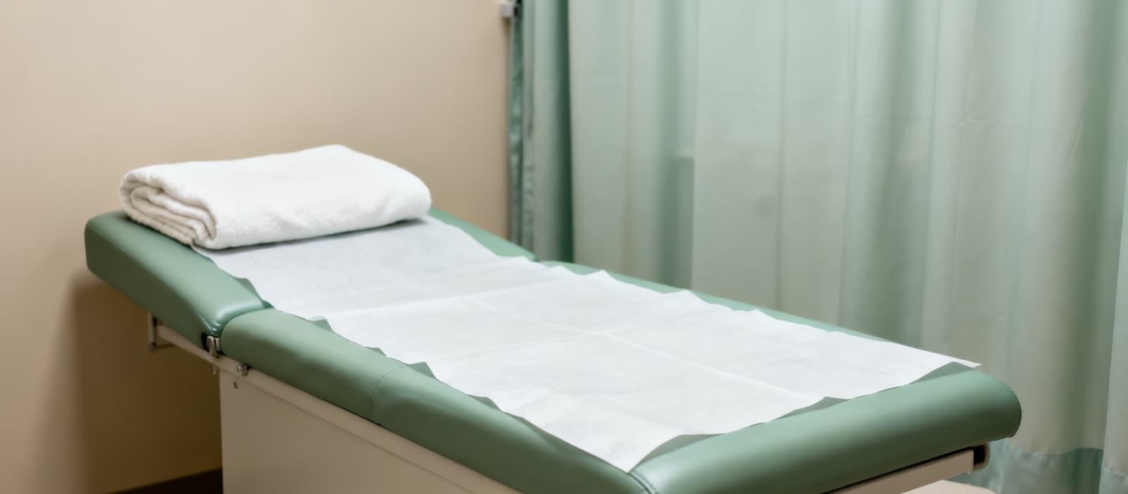An empty clinic examination room with a sage-green examination couch covered in fresh white paper, a folded white towel at one end and a pale green privacy curtain.