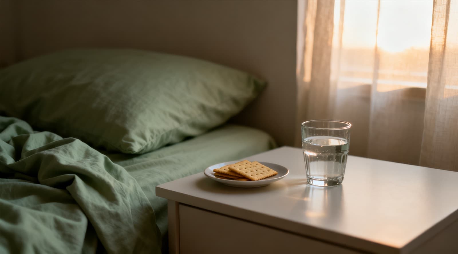 A bedside table at dawn with a glass of water and a small plate of plain crackers, beside a bed with rumpled sage green sheets and soft light through a curtain.
