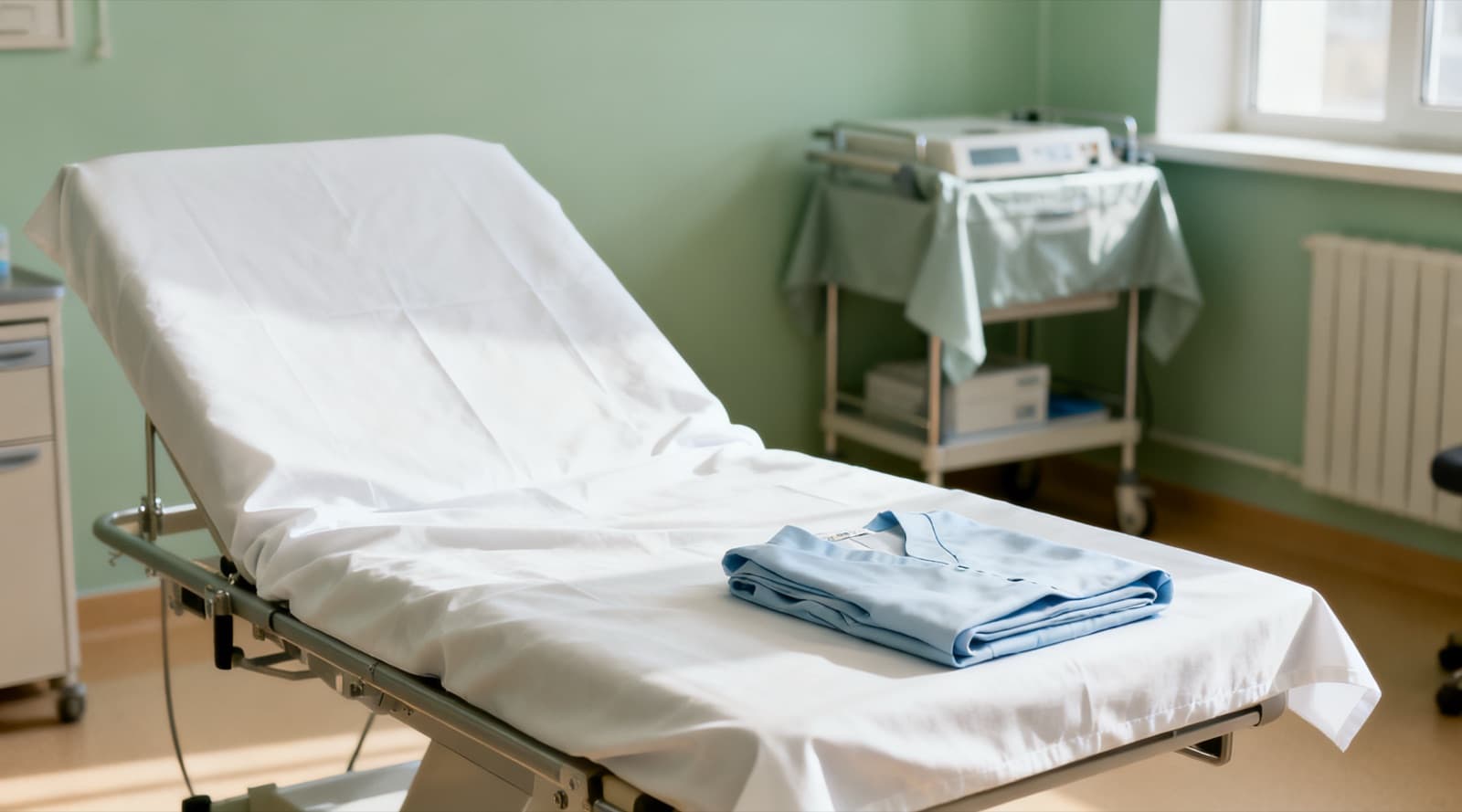 An empty procedure room with a reclining bed made up with a white sheet, a folded pale blue gown on it, and a covered equipment trolley by the window.