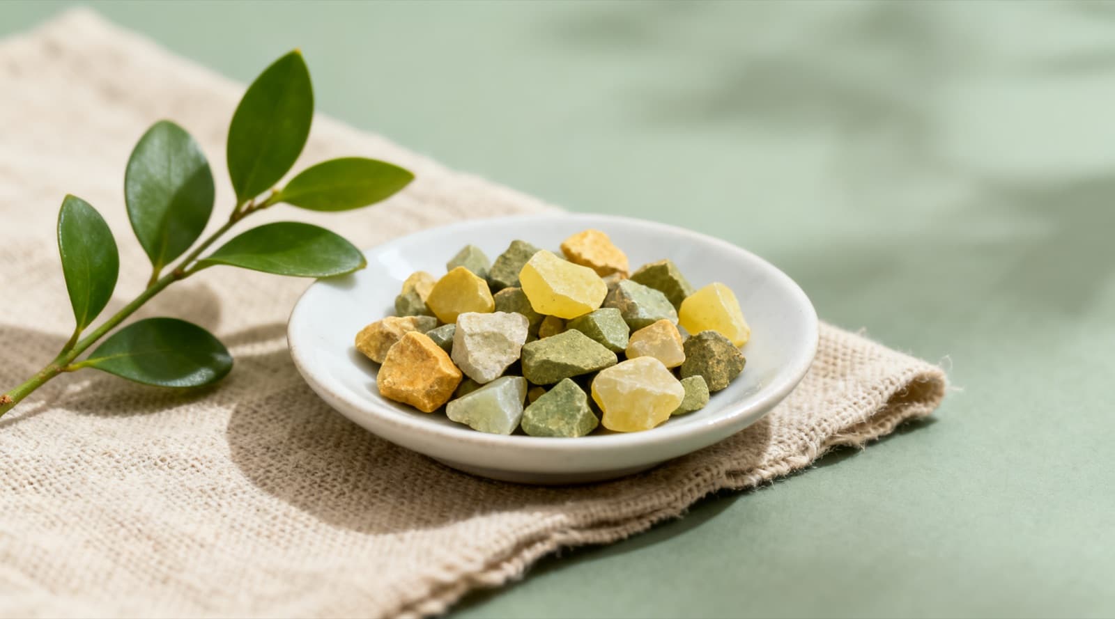 A small white dish of rough pale yellow, ochre and olive green stones on a linen cloth, beside a sprig of green leaves.