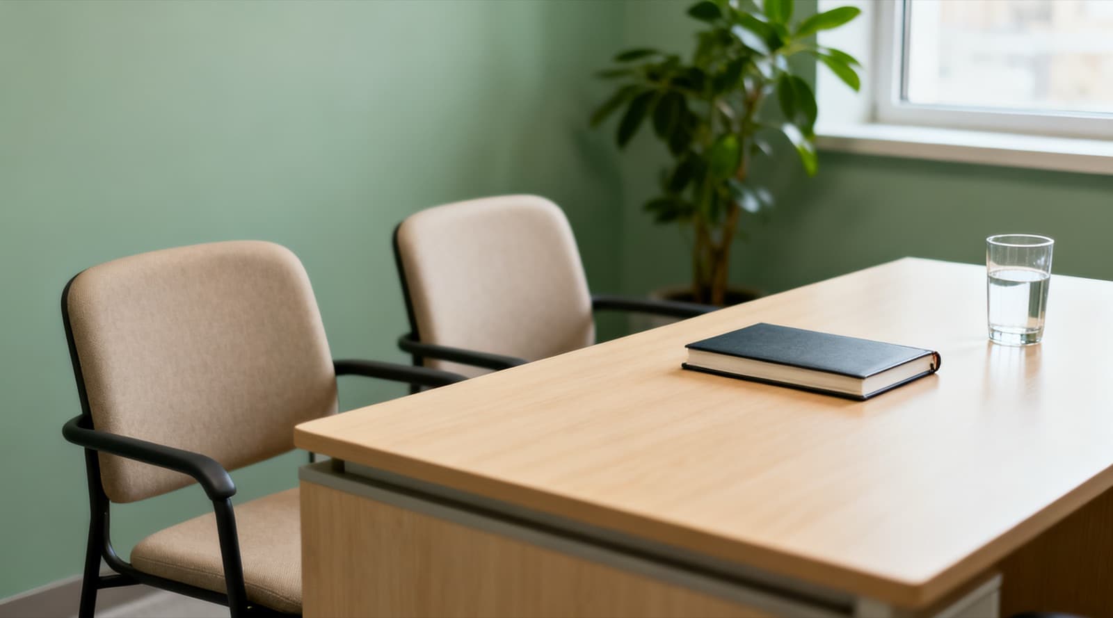 Two empty chairs facing a pale wood desk with a closed notebook and a glass of water, a plant by the window of a sage green consultation room.