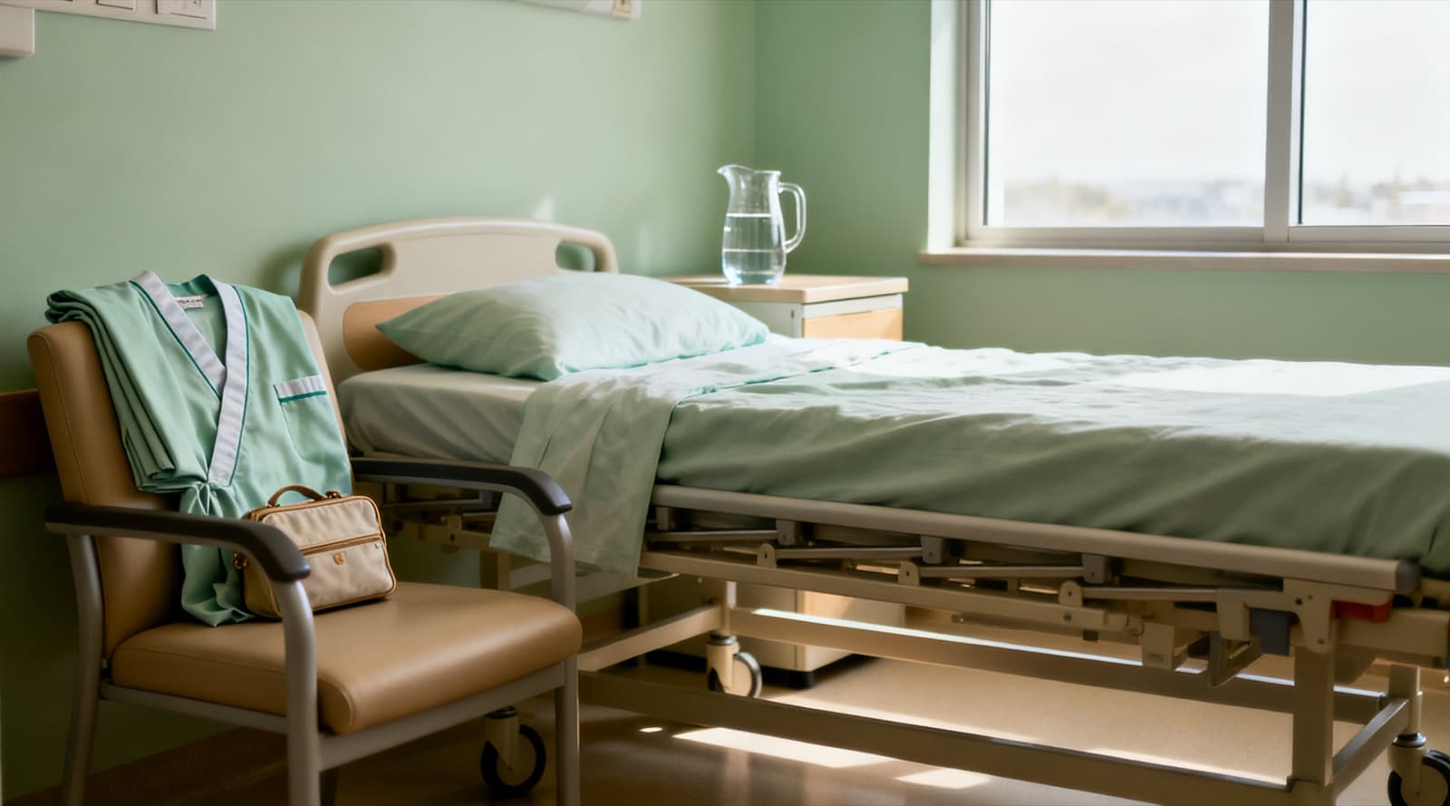 A bright hospital room with an empty bed made up in sage green sheets by a large window, a gown and a small bag on a chair and a water jug on the bedside table.