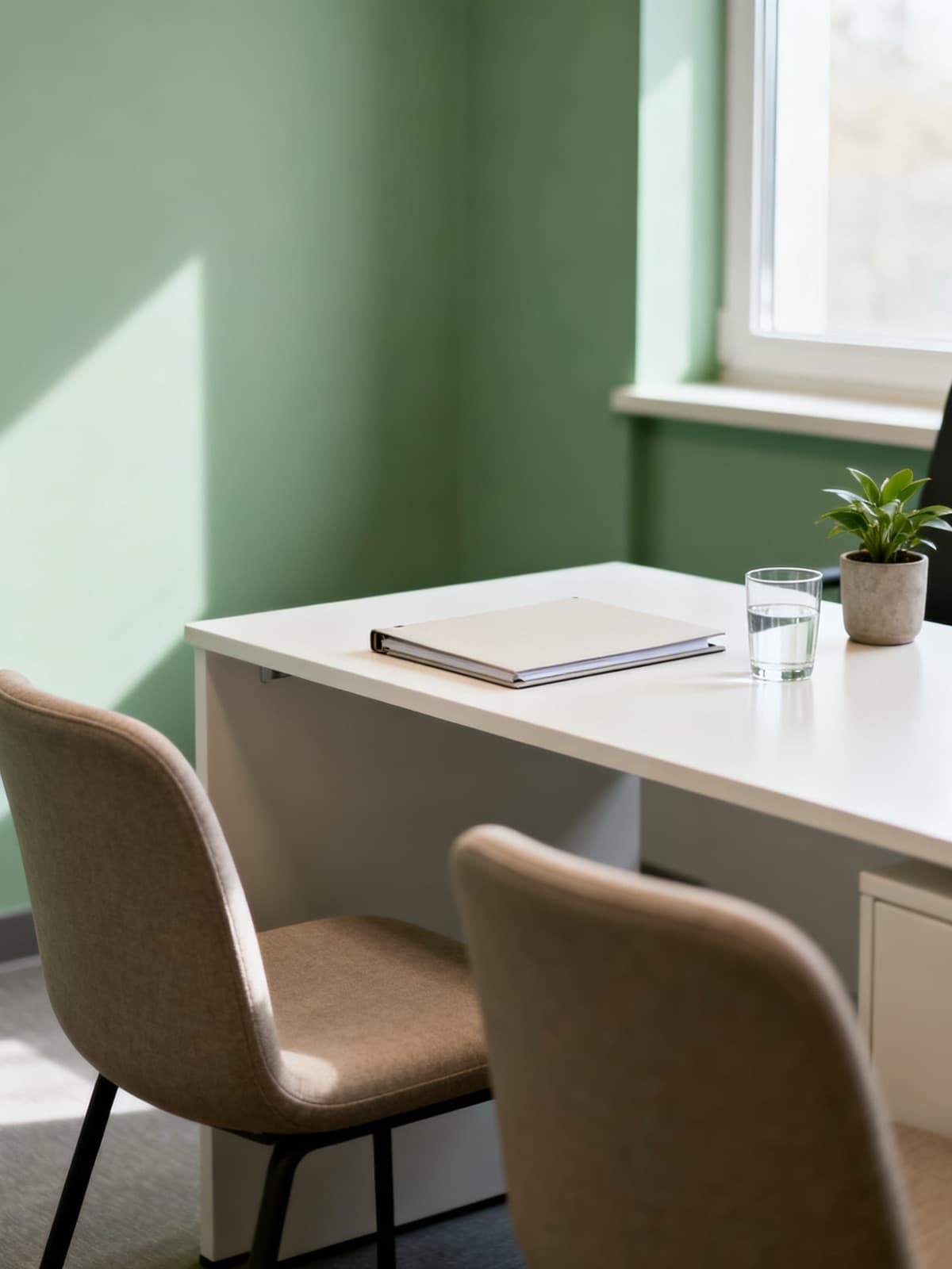 An empty consultation room with a white desk holding a closed folder, a glass of water and a small plant, two upholstered chairs and a sage-green wall.