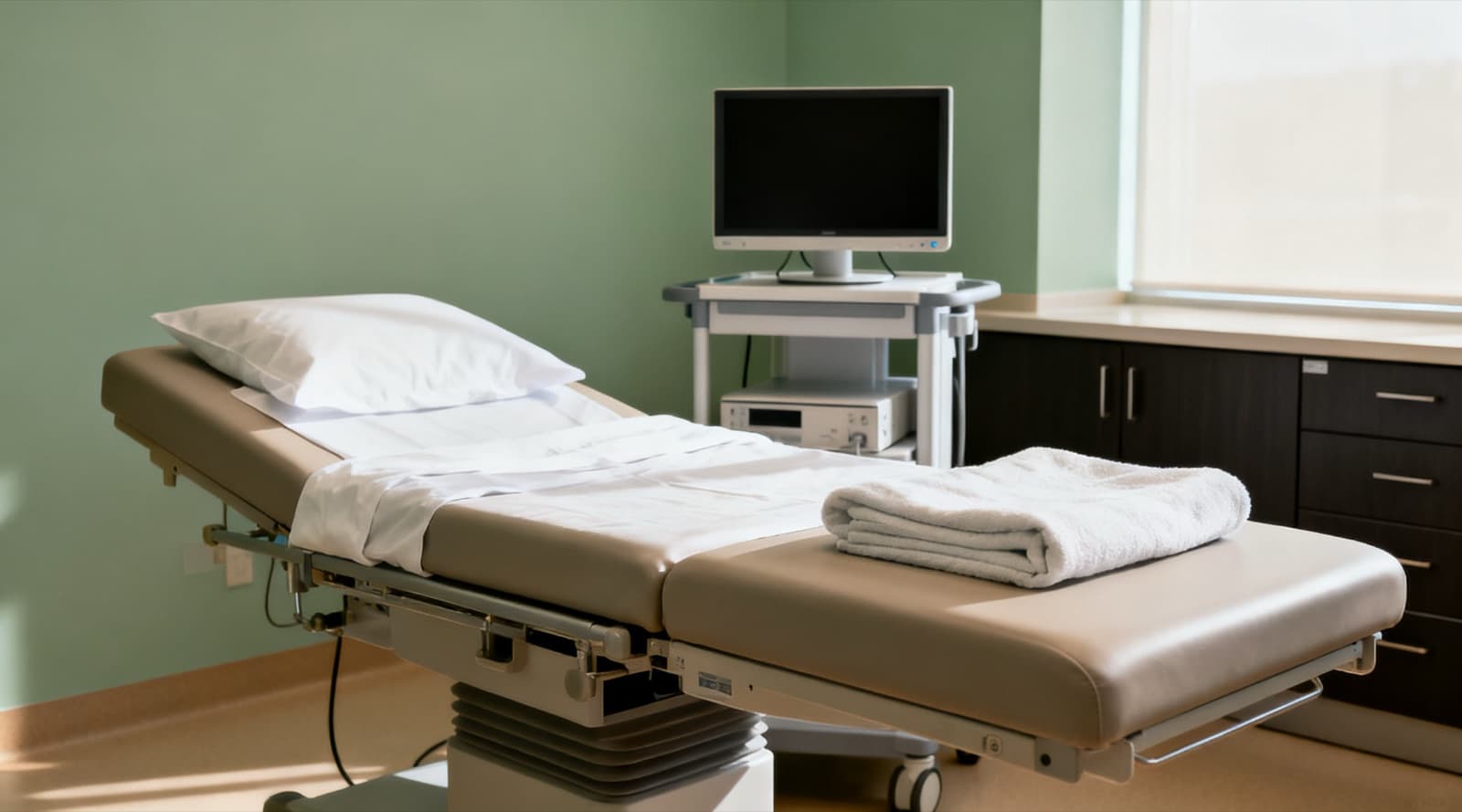 An empty procedure room with a padded bed made up with a white sheet, pillow and folded towel, beside a cart holding a switched-off monitor.