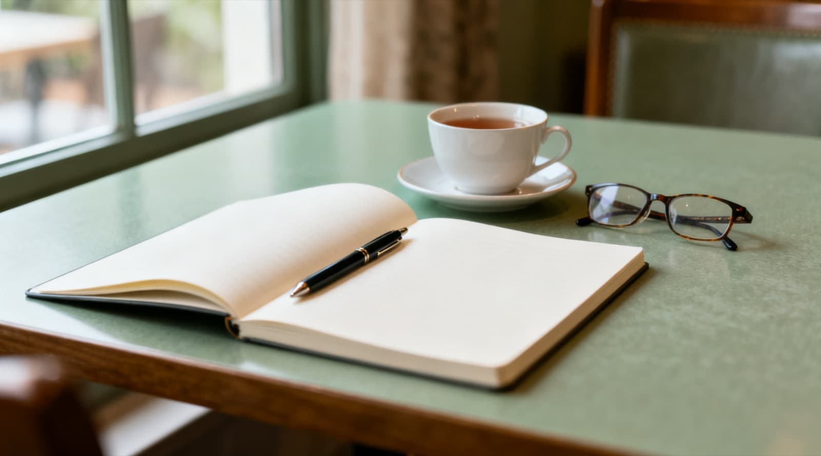 An open notebook with blank pages and a pen, a cup of tea on a saucer and a pair of reading glasses on a green table by a window.