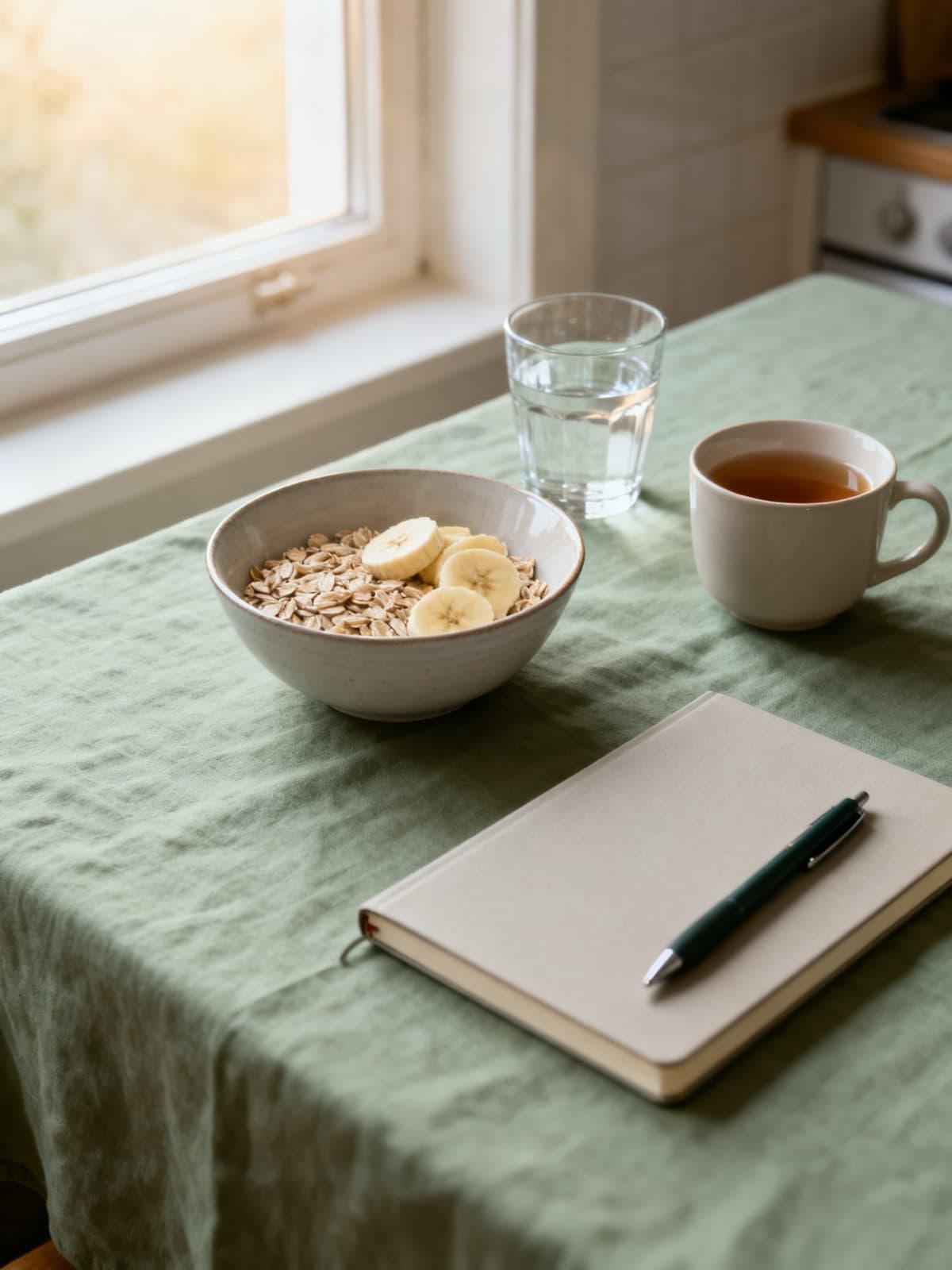 A kitchen table by a window with a bowl of oats and banana slices, a glass of water, a cup of tea and a closed notebook with a pen on a sage-green tablecloth.