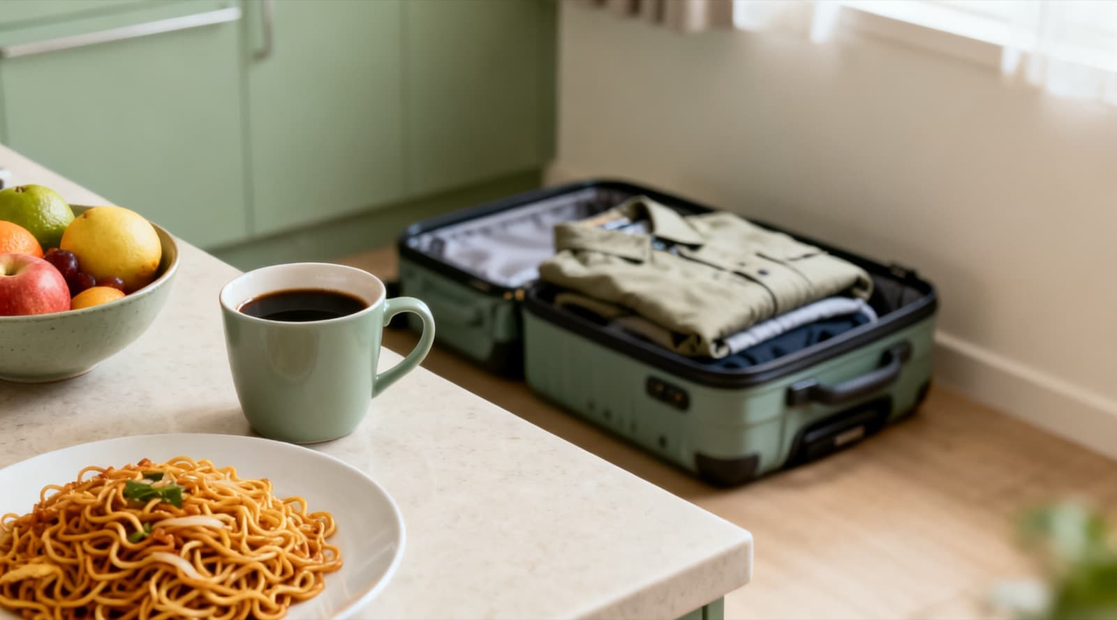 A kitchen counter with a plate of fried noodles, a cup of black coffee and a bowl of fruit, an open suitcase packed with folded clothes on the floor behind.