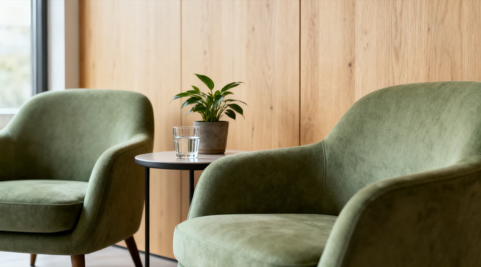 An empty clinic waiting area with two sage-green armchairs, a small round side table holding a glass of water and a potted plant, and a light oak wall.