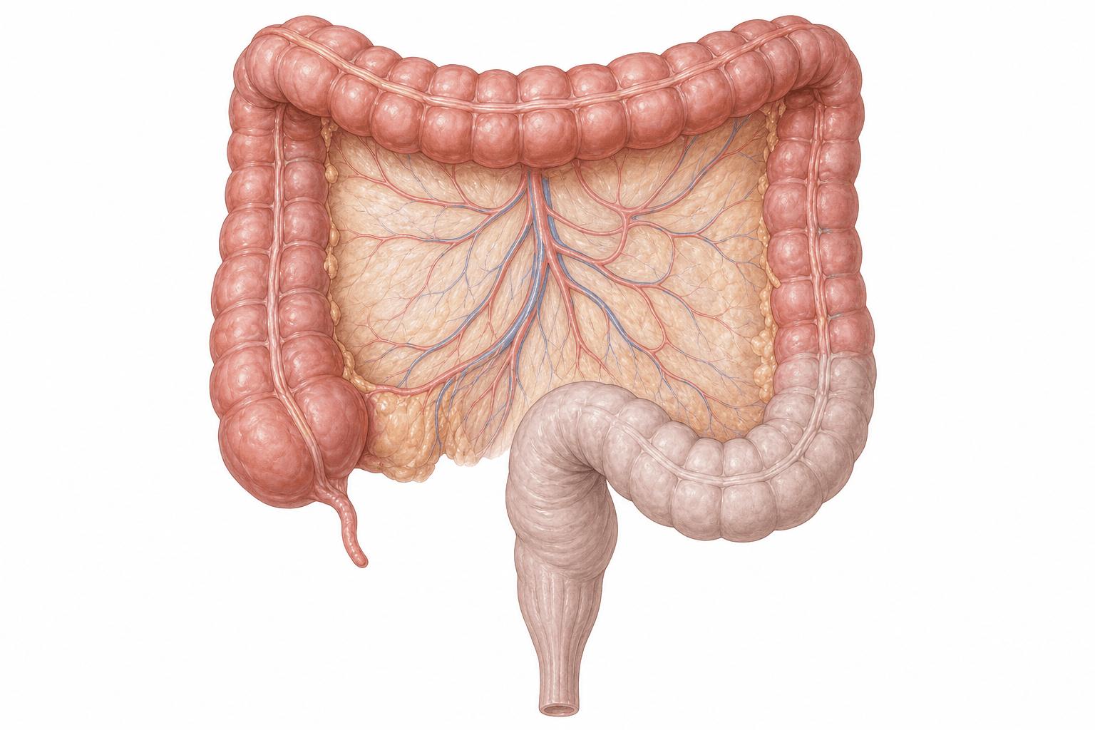 Anatomical illustration of the large bowel seen from the front. The caecum, ascending, transverse and descending colon are drawn in a strong pink; the sigmoid colon and the top of the rectum below them are drawn in a much paler tone, so that lower stretch reads as separate from the rest.
