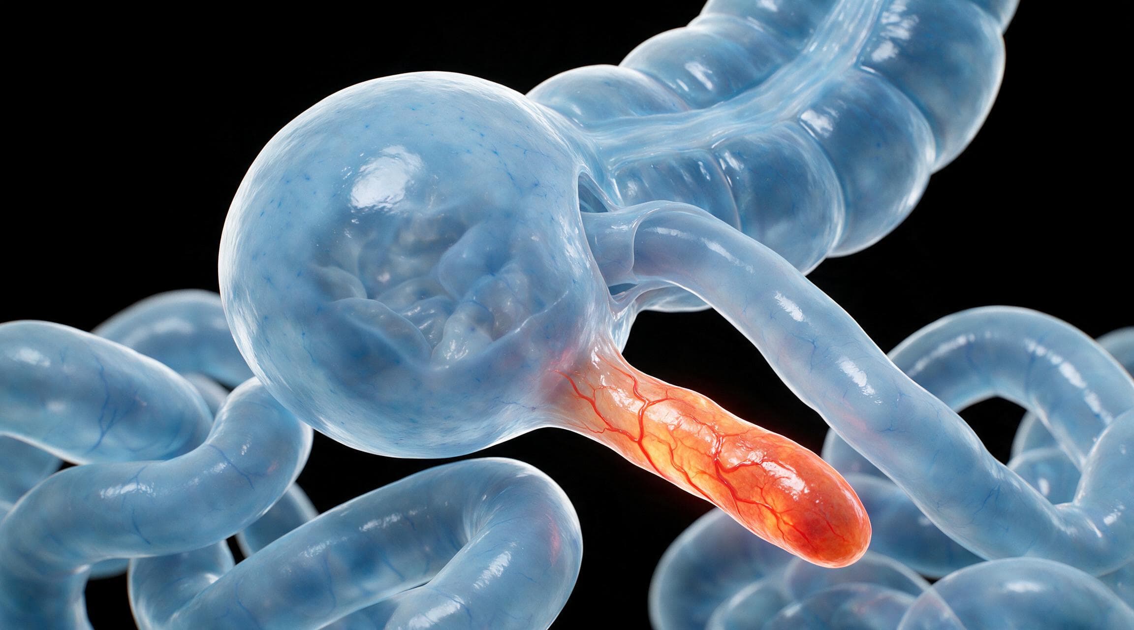 A close view of the junction between the small and large intestine, rendered in translucent pale blue. Attached to the rounded pouch of the cecum is the appendix, a narrow worm-shaped tube, and it alone is swollen and lit red-orange against the cool blue of everything around it.