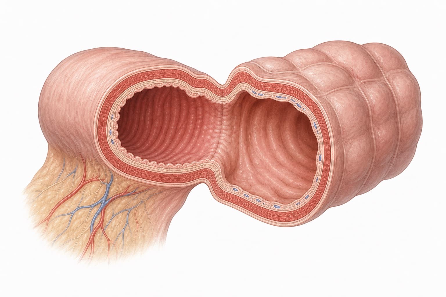 Anatomical illustration of two cut ends of bowel joined together and opened along their length, so the inside of the join is visible as a continuous channel running from one end into the other. Fatty mesentery carrying red and blue vessels runs along the underside.
