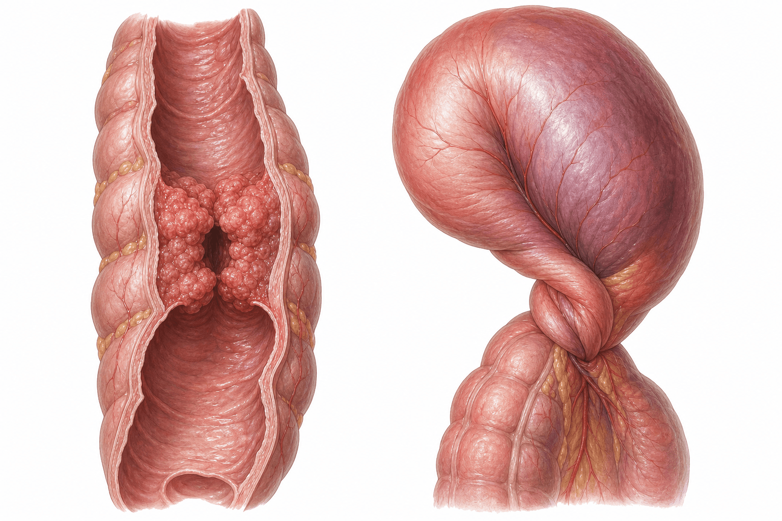 Two cutaway illustrations of large bowel side by side. On the left, a segment is opened lengthwise to show a knobbly irregular growth encircling the channel and squeezing it to a narrow opening. On the right, a long loop of bowel has twisted around on itself at its base, so the loop above is swollen and tense and the base is pinched closed.