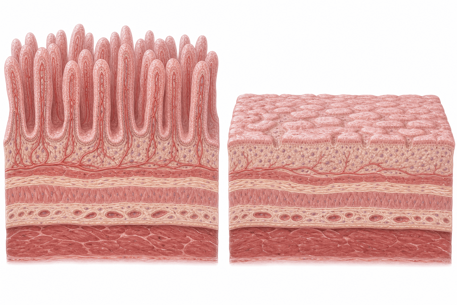 Two cutaway blocks of small intestine lining side by side at the same scale. The left block is covered in tall slender finger-like projections standing close together. On the right block the projections are gone, leaving a nearly flat surface with a shallow mosaic pattern. The wall layers beneath are visible in both.