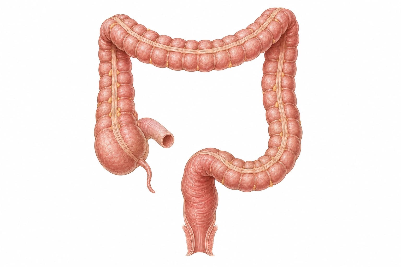 Illustration of the large bowel, from the caecum and appendix on the lower right, up and across the abdomen, down to the sigmoid colon, rectum and anus.