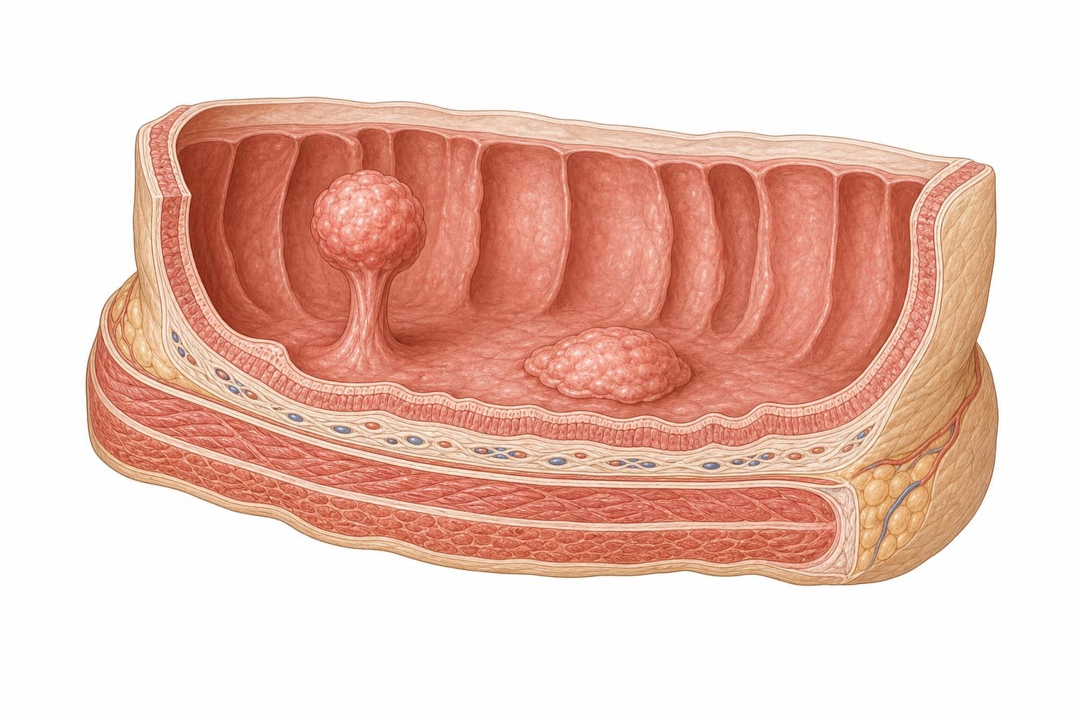 Illustration of two growths on the lining of the colon