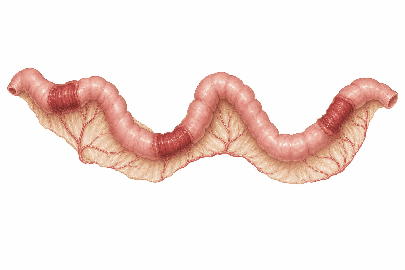 Anatomical illustration of a length of intestine seen from the front. Three short segments along it are dark red, thickened and narrowed, and between them the bowel is ordinary pink and ordinary width. A pale fatty mesentery carrying fine vessels runs along one side.